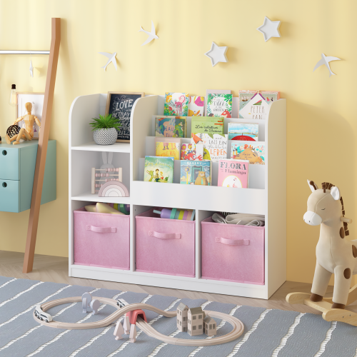 Kids Bookcase and Bookshelf, Multifunctional Bookcase with 3 Collapsible Fabric Drawers, Bookcase Display Stand, Toy Storage Organizer for Bedroom, Playroom, Hallway (White/Gray)、、casual