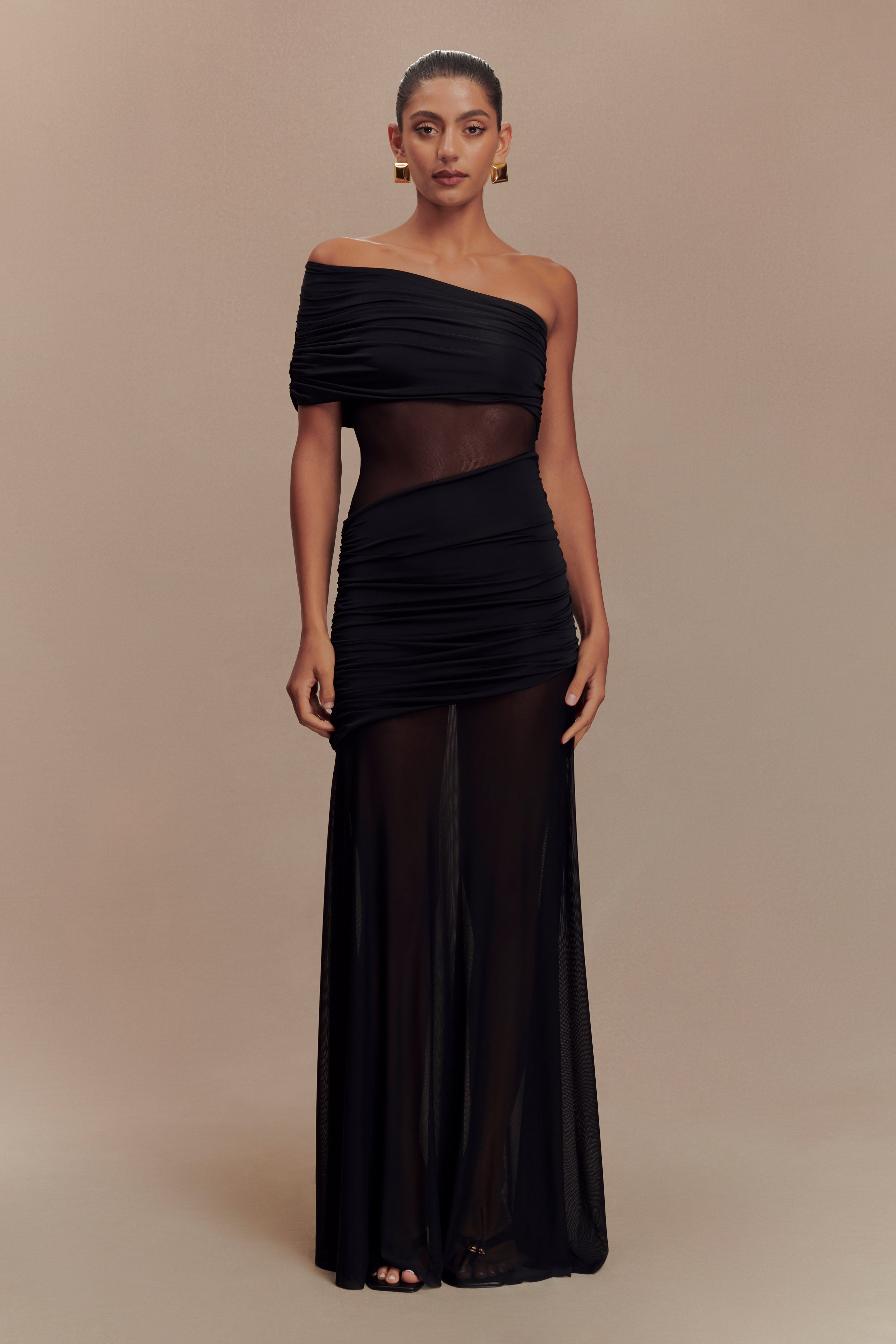 Dallas One Shoulder Mesh Maxi Dress - Black、mySite、solidvoid