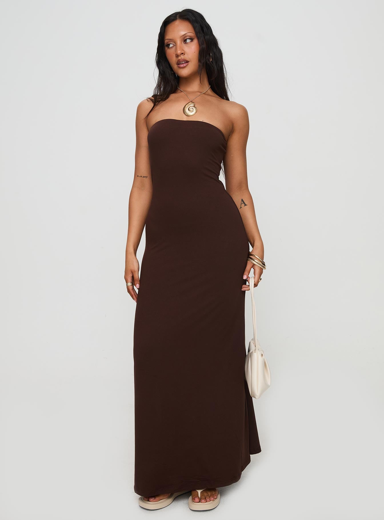 Bellaire Strapless Maxi Dress Brown、mySite、solidvoid