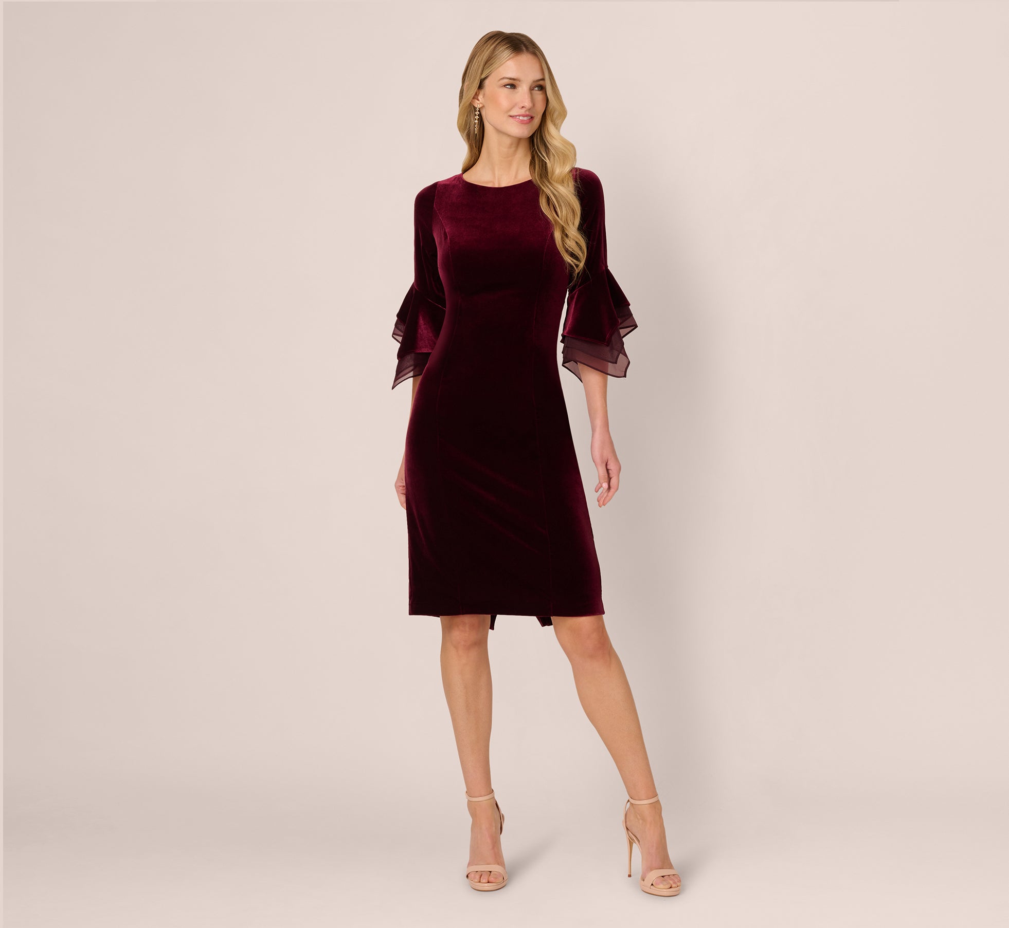 Velvet Sheath Dress With Tiered Three Quarter Sleeves In Bordeaux、mySite、solidvoid