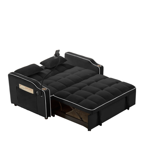 1 versatile foldable sofa bed in 3 lengths, modern sofa sofa sofa velvet pull-out bed, adjustable back and with USB port and ashtray and swivel phone stand (black)、、casual
