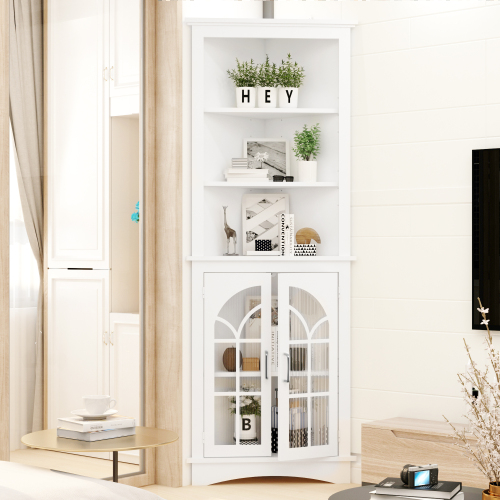 Corner Storage Cabinet, 63.3" Tall Freestanding Bookcase with Doors & Adjustable Shelves, 5-Tier Corner Display Cabinet for Living Room, Office, Dining Room, White、、casual