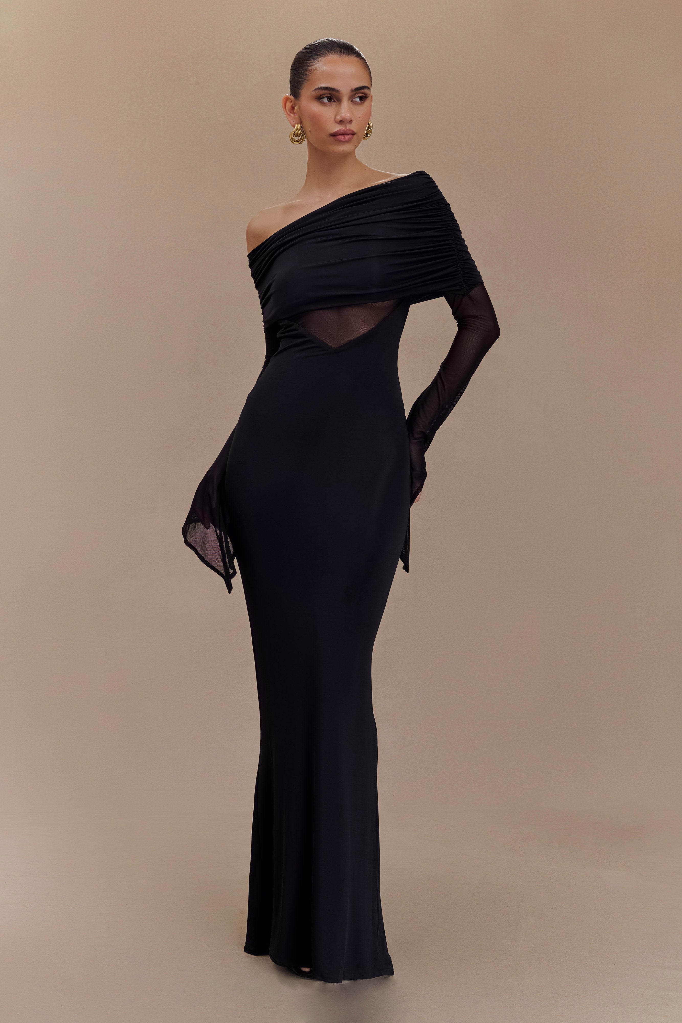 Kaitlin One Shoulder Slinky And Mesh Maxi Dress - Black、mySite、solidvoid