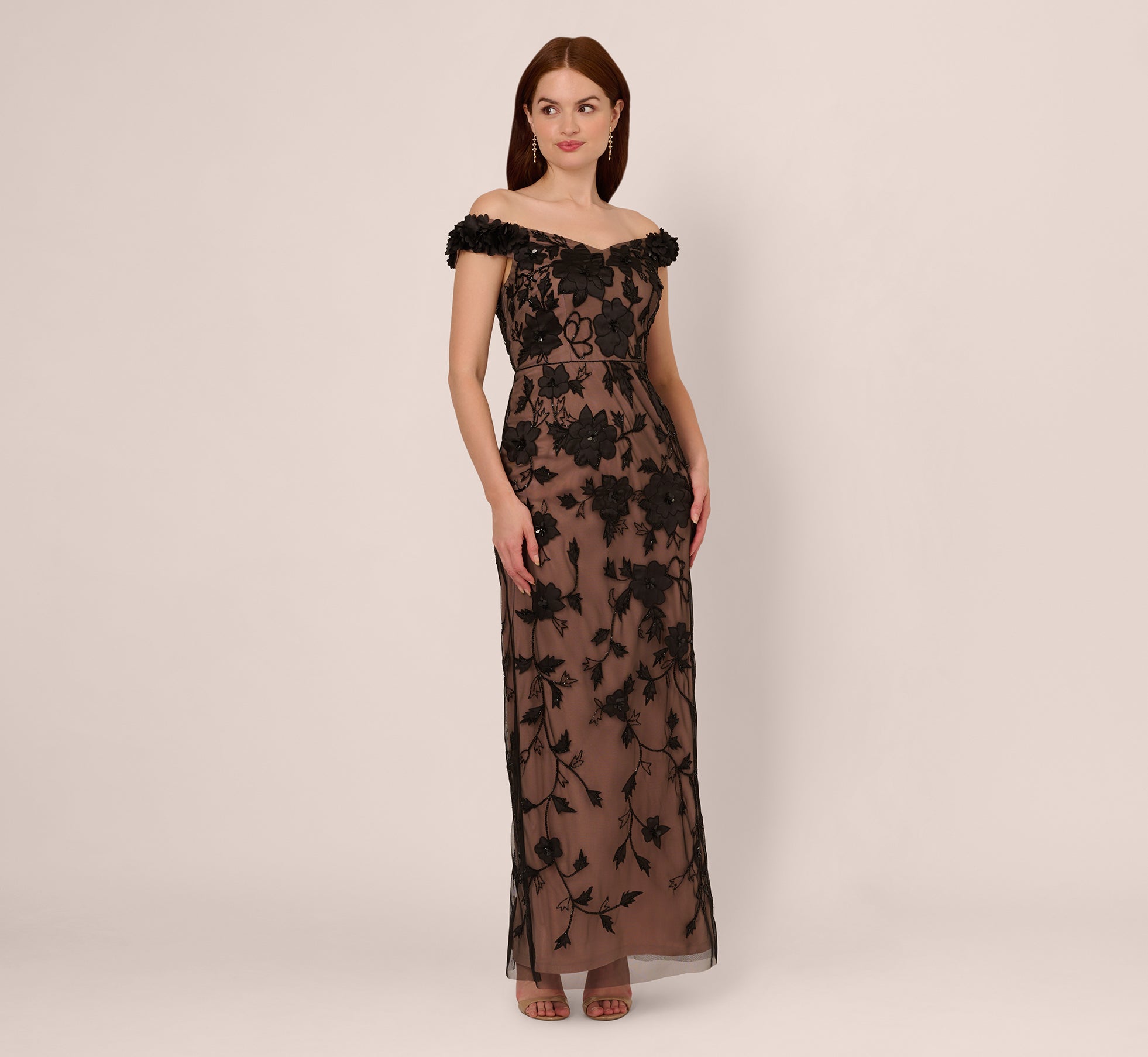 Off The Shoulder Beaded Column Gown With Rosette Accents In Black Rosegold、mySite、solidvoid