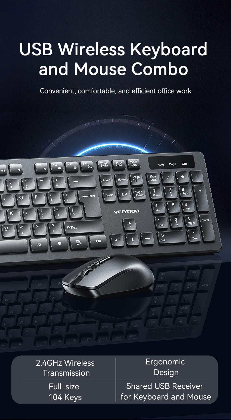 Wireless Full-Sized Keyboard and Mouse Combo with Mouse Pad Black Slim Type