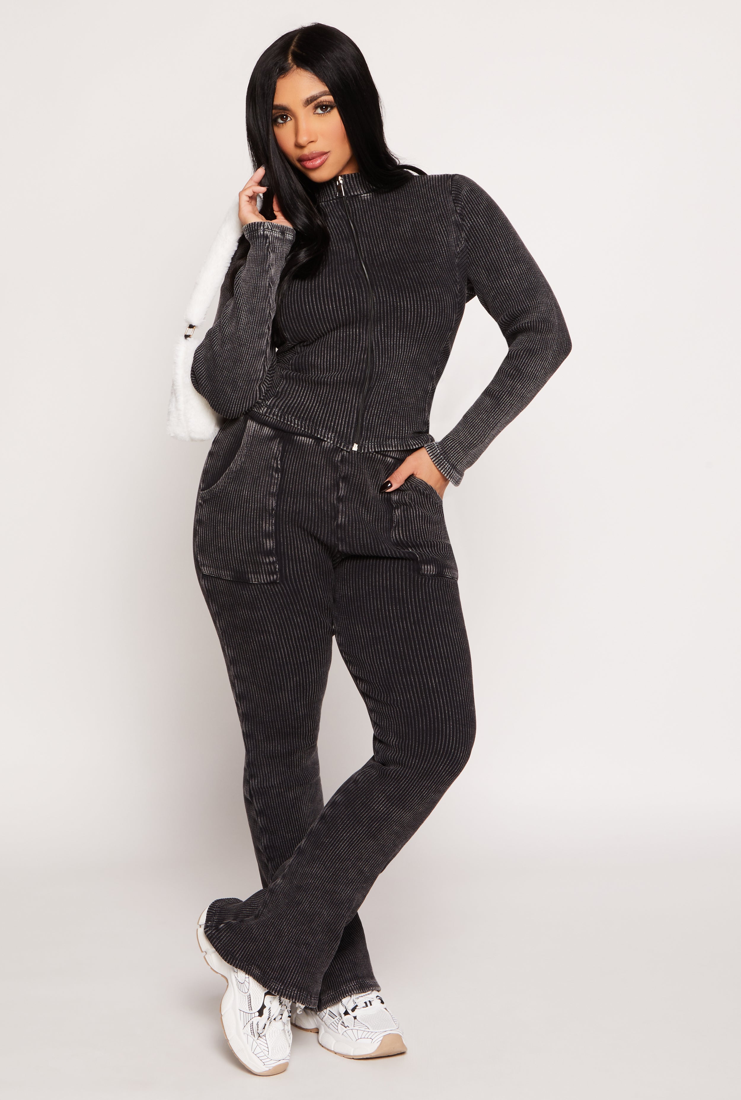 Acid Wash Rib Knit Zip Front Top、mySite、camillekostekn