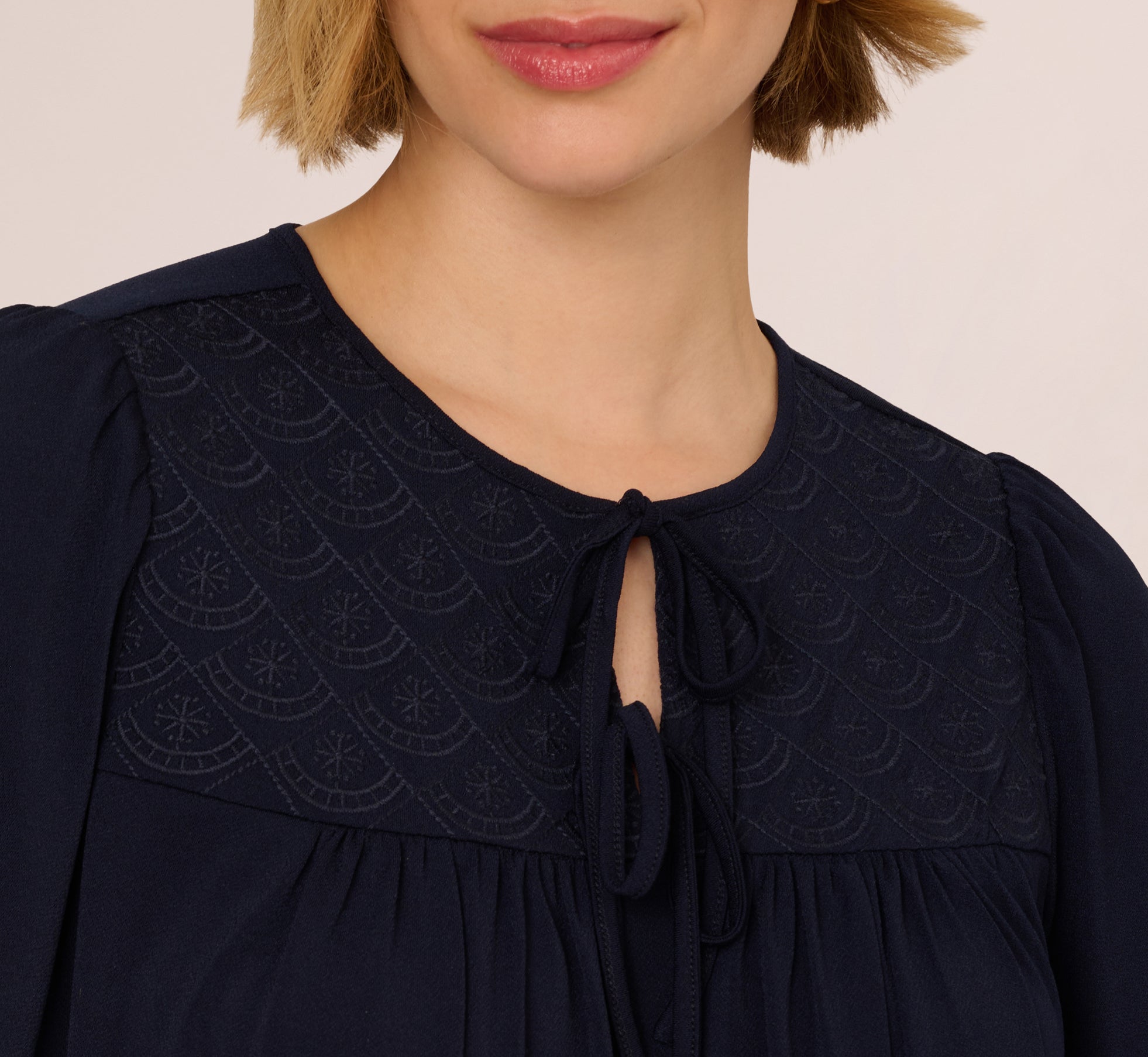 Short Sleeve Neck Tie Embroidered Yoke Top In Blue Moon、mySite、solidvoid