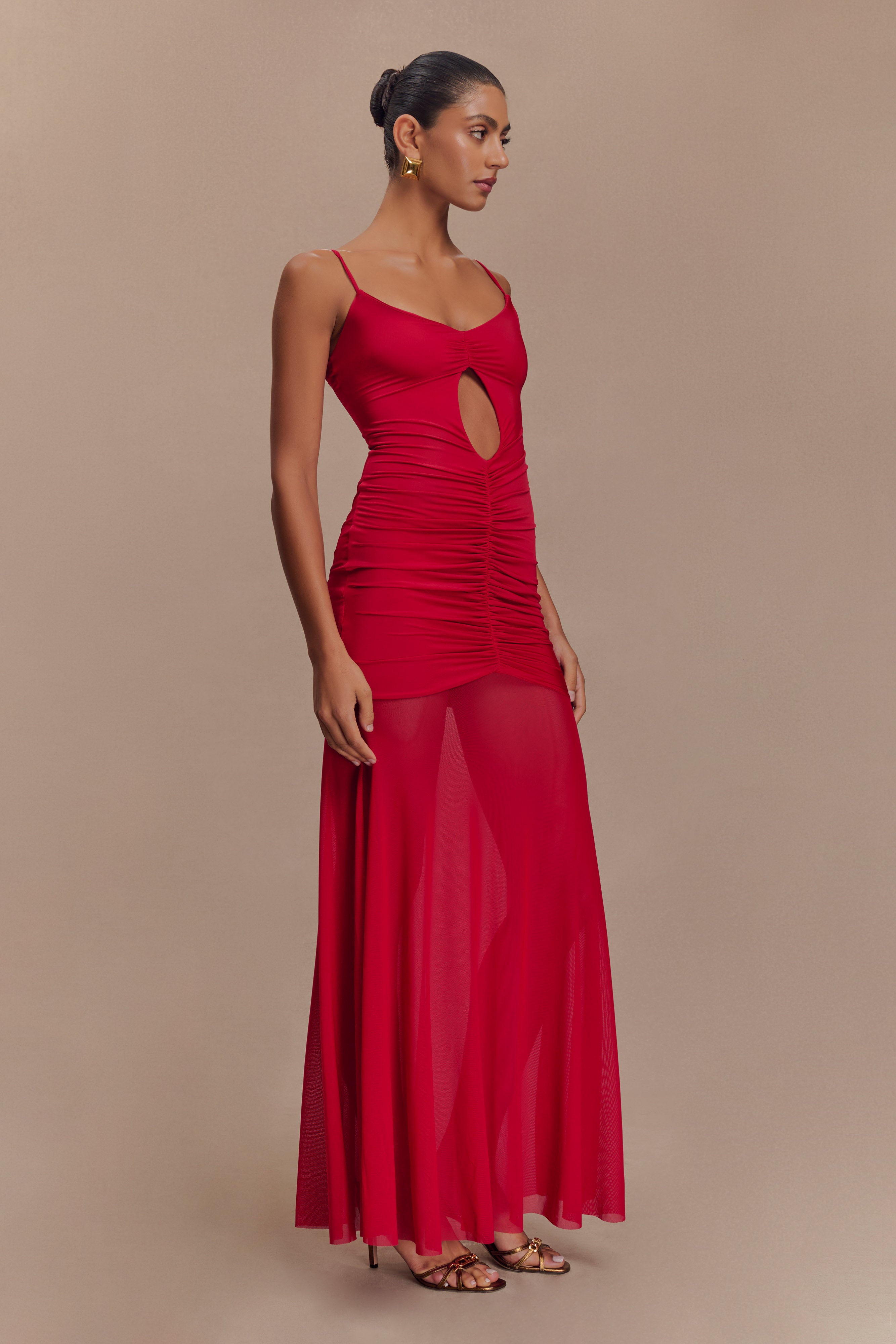Delaney Slinky And Mesh Maxi Dress - Red、mySite、solidvoid