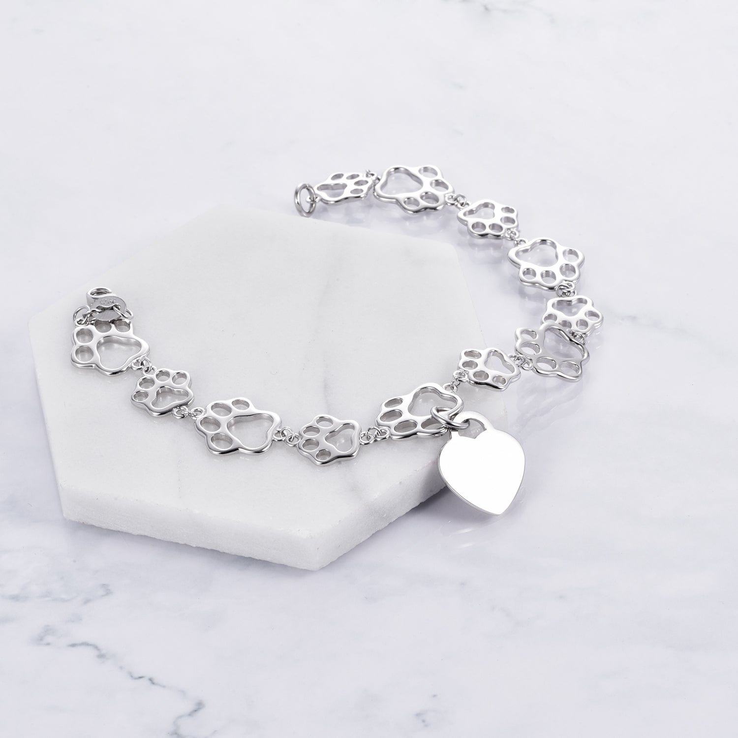 Pet Paw Bracelet with Heart Sterling Silver, Engraveable、mySite、g9winljtr