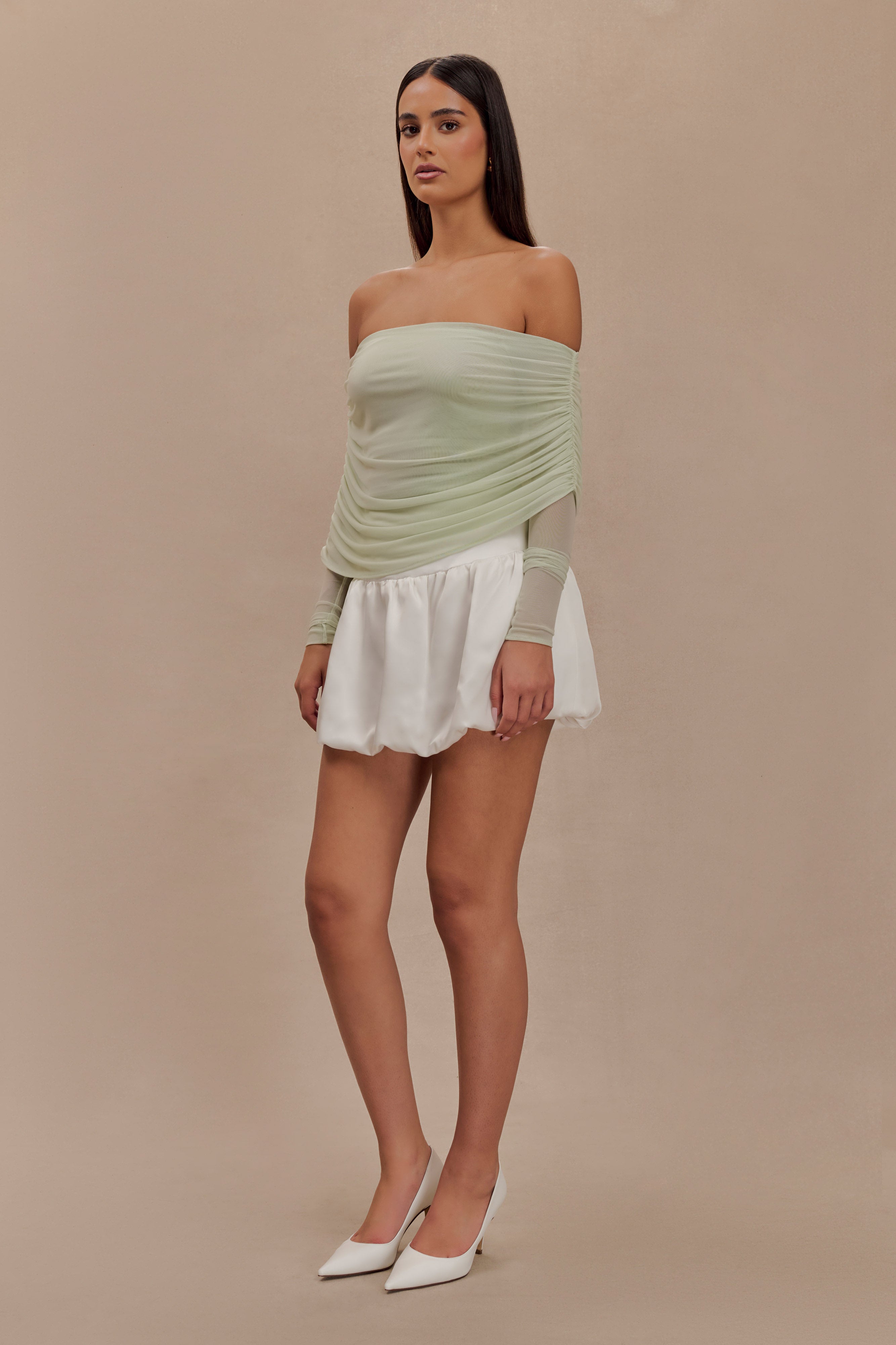Everly Sheer Mesh Off Shoulder Top - Pastel Green、mySite、solidvoid