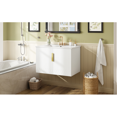 30" Vintage Bathroom Vanity with Ceramic Sink, with 3 Holes Single Ceramic Sink, Bathroom Storage Vanity Cabinet with 2 Soft Closing Doors、、xpatfood