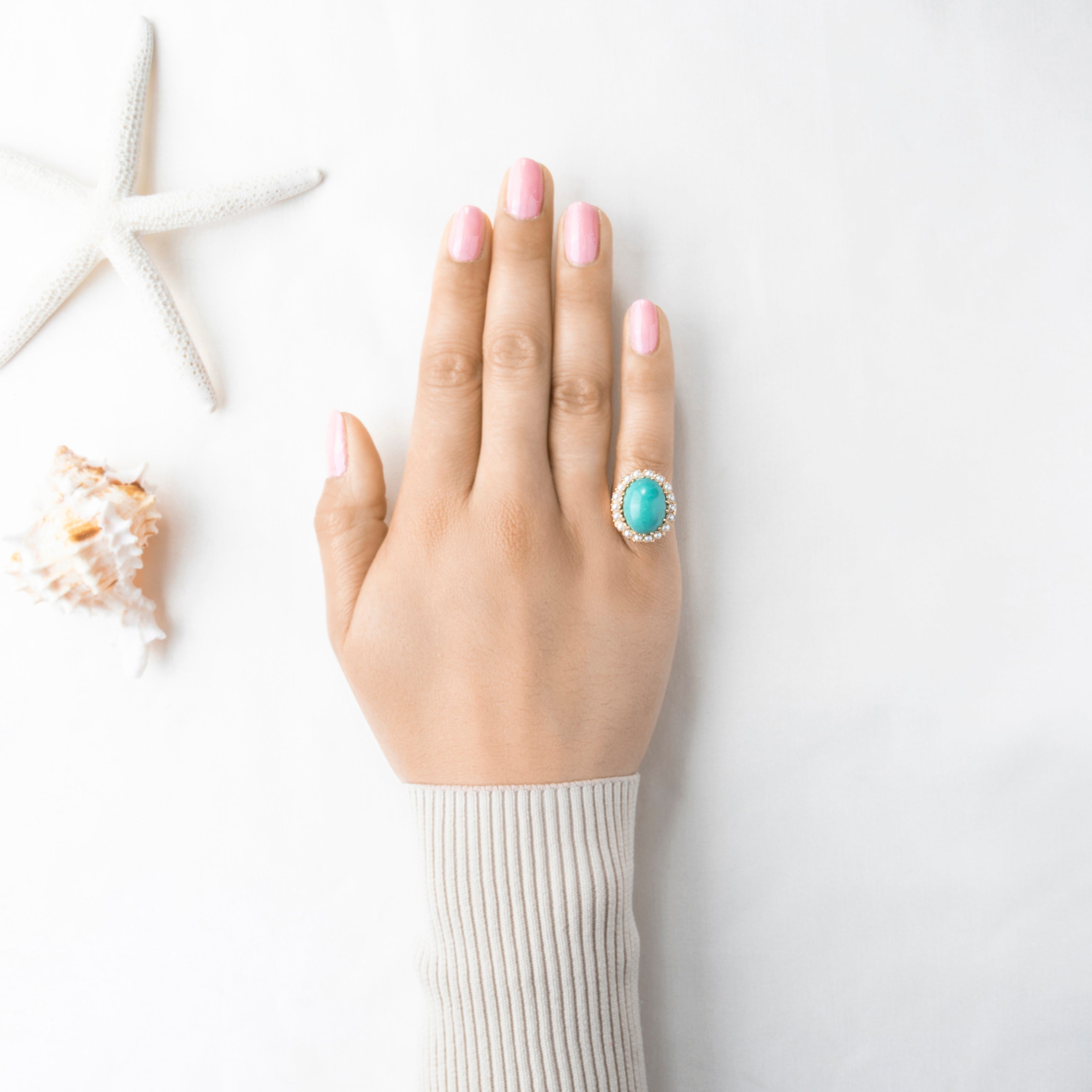 Vintage 14k Yellow Gold 8.7ct Turquoise Pearl Lustrous Halo Cocktail Ring 6.50、mySite、hinf8tx79