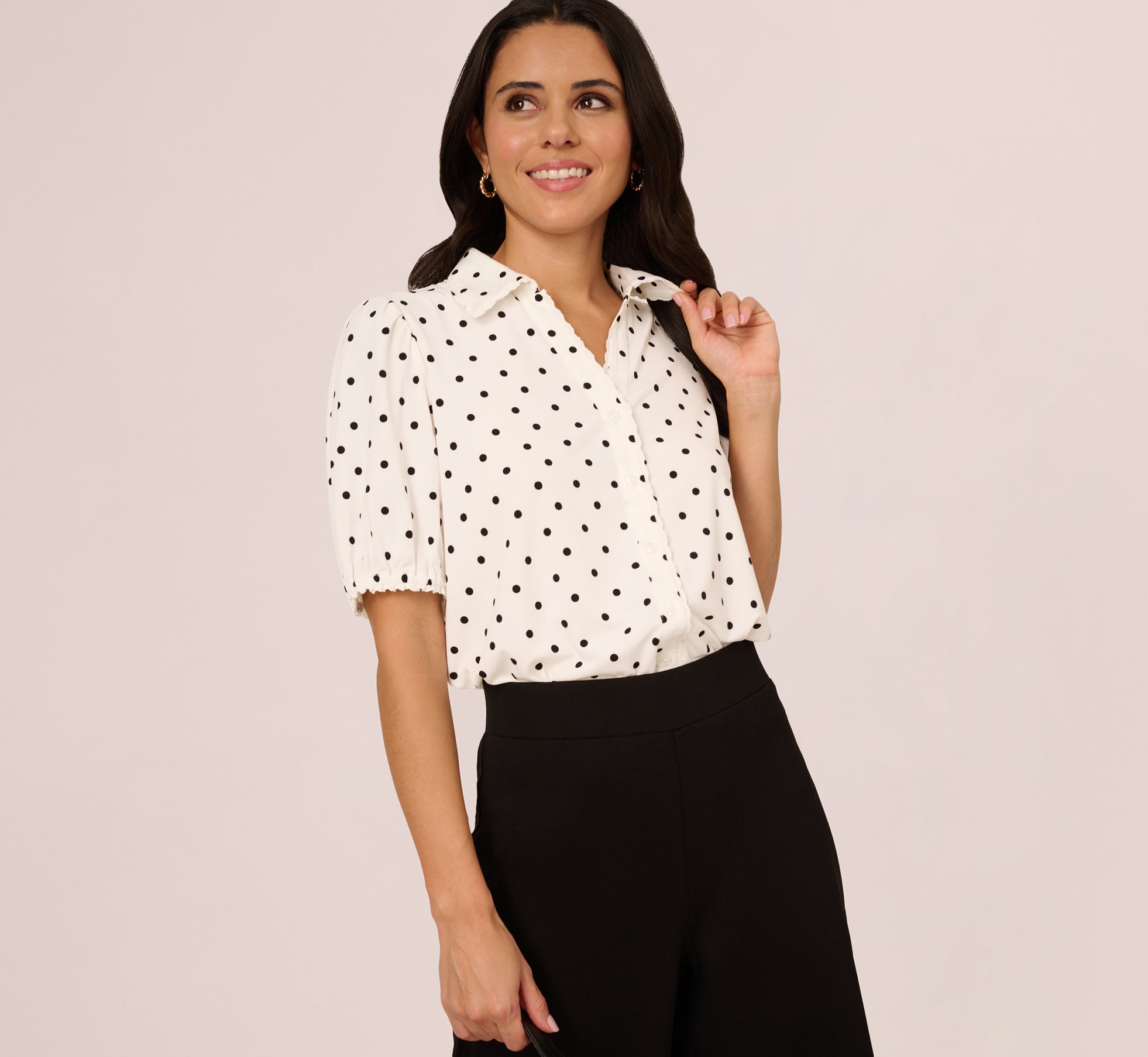 Short Sleeve Printed Button Front Blouse In Ivory Black Timeless Dot、mySite、solidvoid
