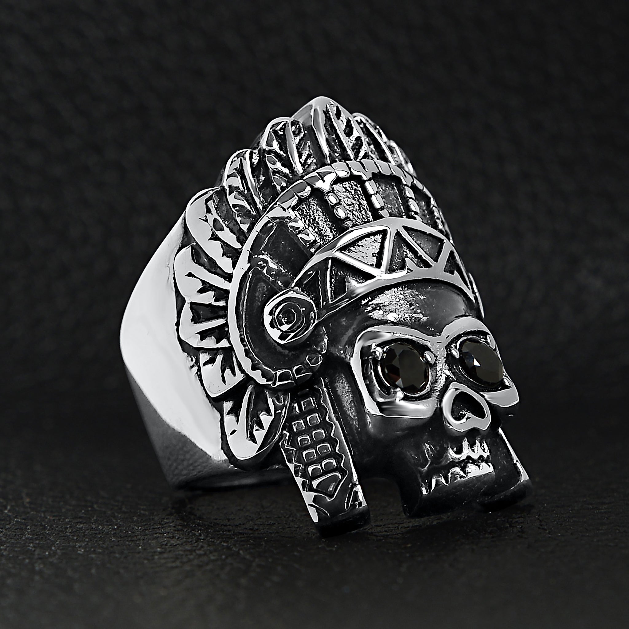 Stainless Steel Black CZ Eyed Native American Chief Skull Ring / SCR4011、mySite、dreamappss