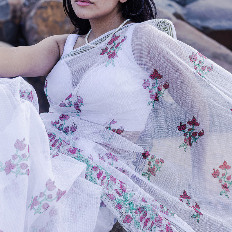 Kota Handblock Printed Saree | Bougainvillea | White & Red、mySite、camillekostekn
