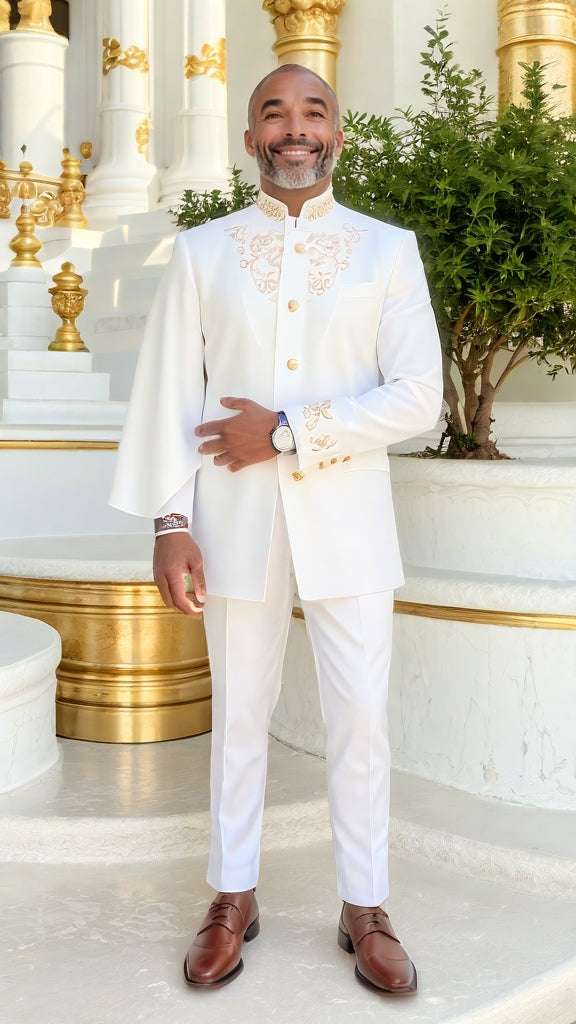 Dupsie's Taharqa Slim-Fit Long-Sleeve White African Suit with Gold Embroidery DPASWGC10、mySite、solidvoid