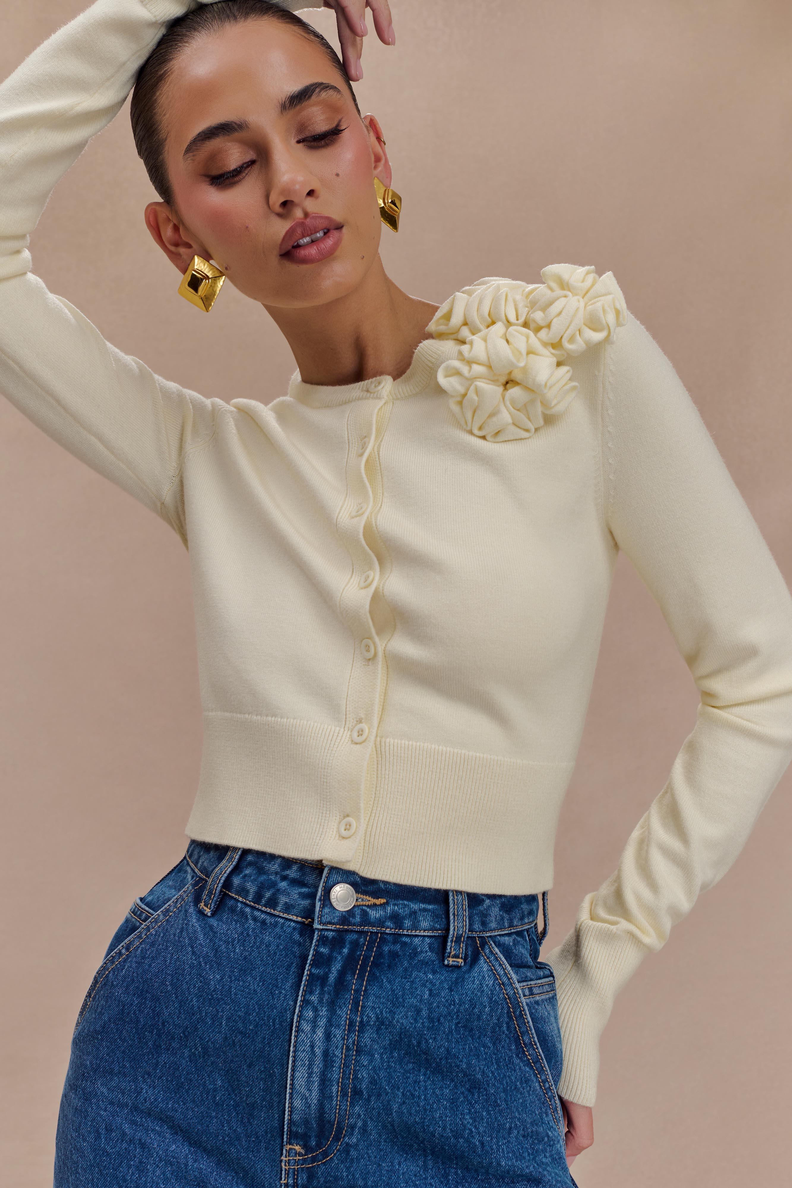 Gianna Knit Cardigan With Flowers - Cream、mySite、solidvoid
