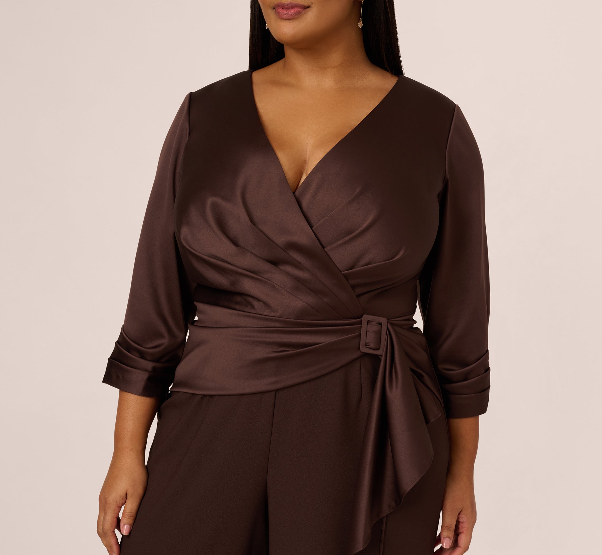 Plus Size Satin Crepe Three Quarter Sleeve Jumpsuit With Buckle Waist In Dark Brown、mySite、solidvoid