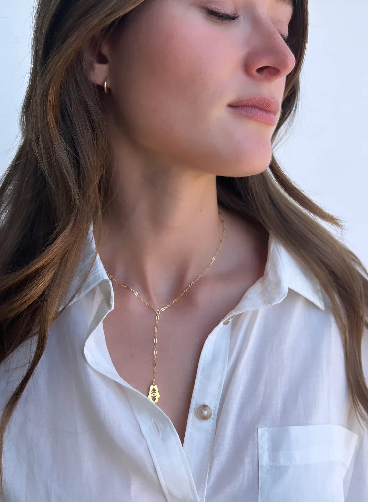 Joyce Hamsa With Evil Eye Lariat Necklace - (Sterling Silver or Gold-Plated)、mySite、topwebapps