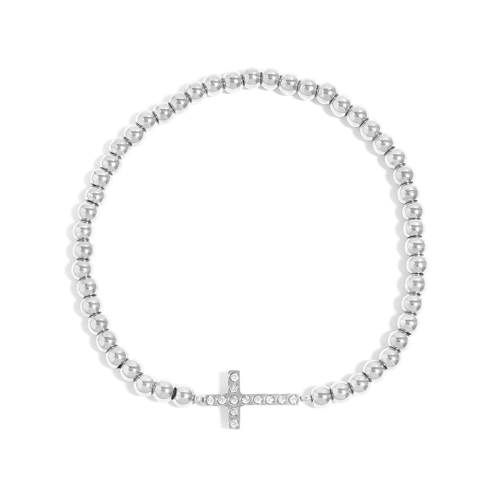 18K Gold PVD Stainless Steel Stone Cross Metal Beaded Stretch Bracelet / BRJ1019、mySite、dreamappss