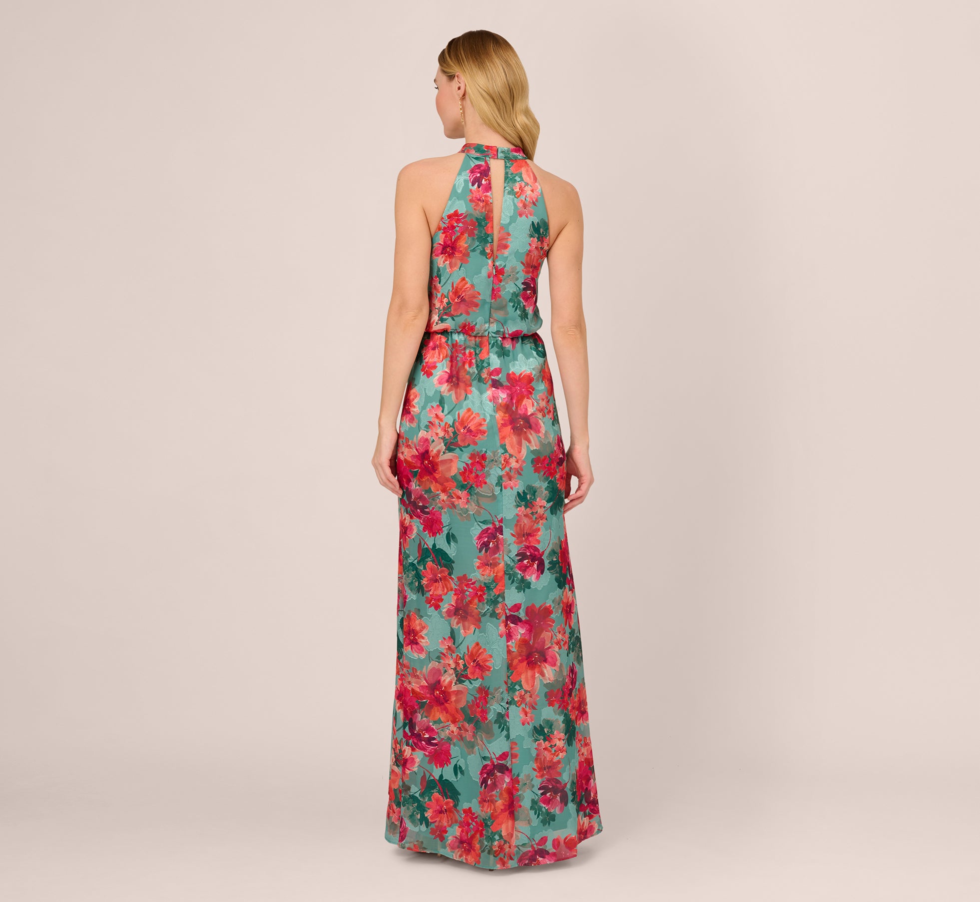 Floral Printed Halter Mermaid Gown With Ruffle Details In Turquoise Multi、mySite、solidvoid