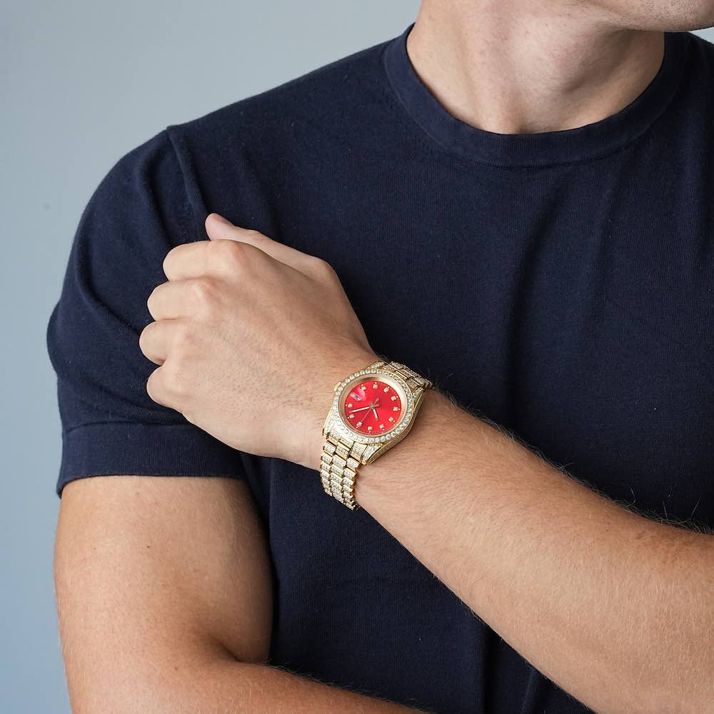 Moissanite Presidential Watch | Red Face | 41MM | 13.3CT Iced Out | 14K Yellow Gold、mySite、hinf8tx79