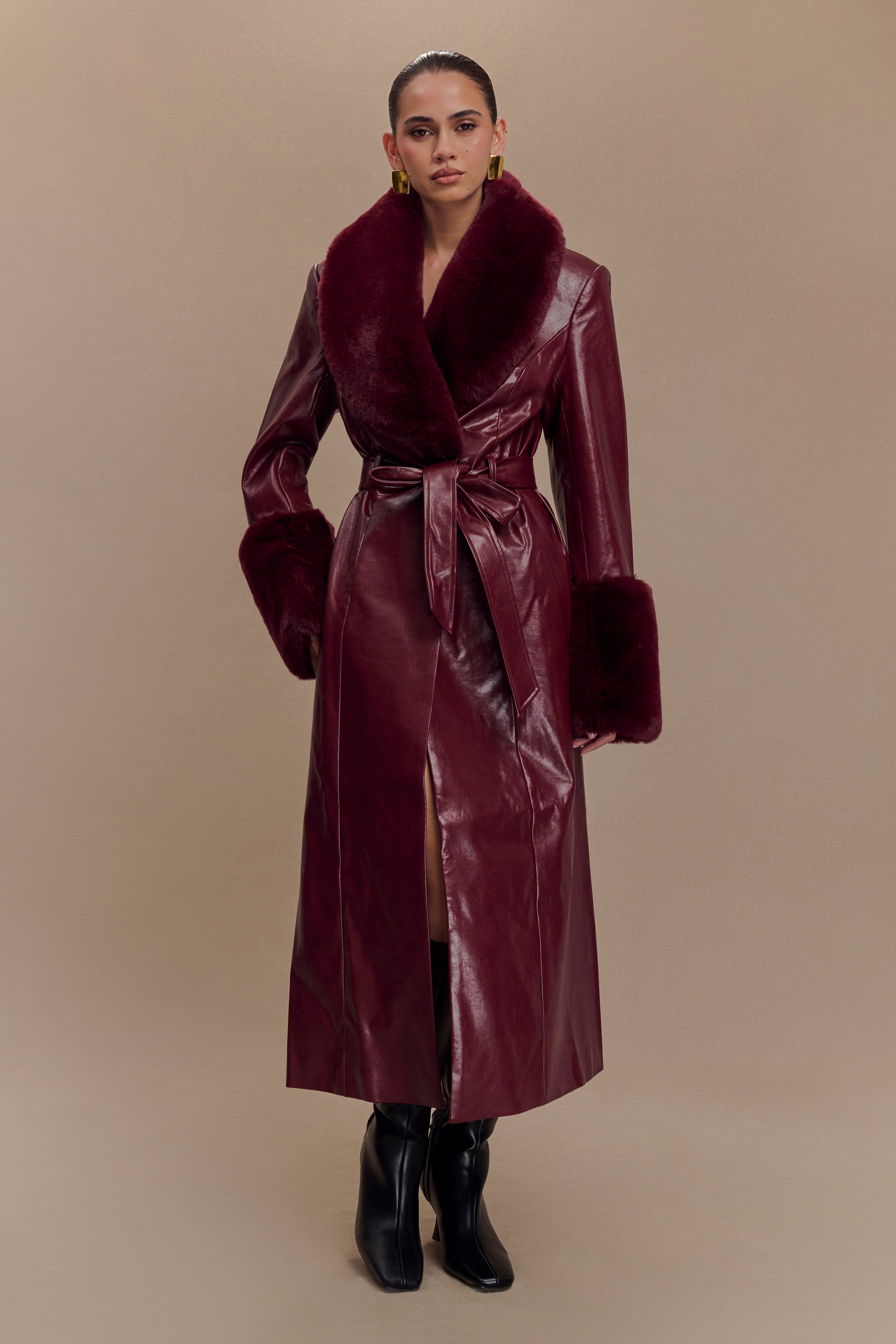 Bec Faux Leather Trench Coat With Faux Fur - Cherry Red、mySite、solidvoid