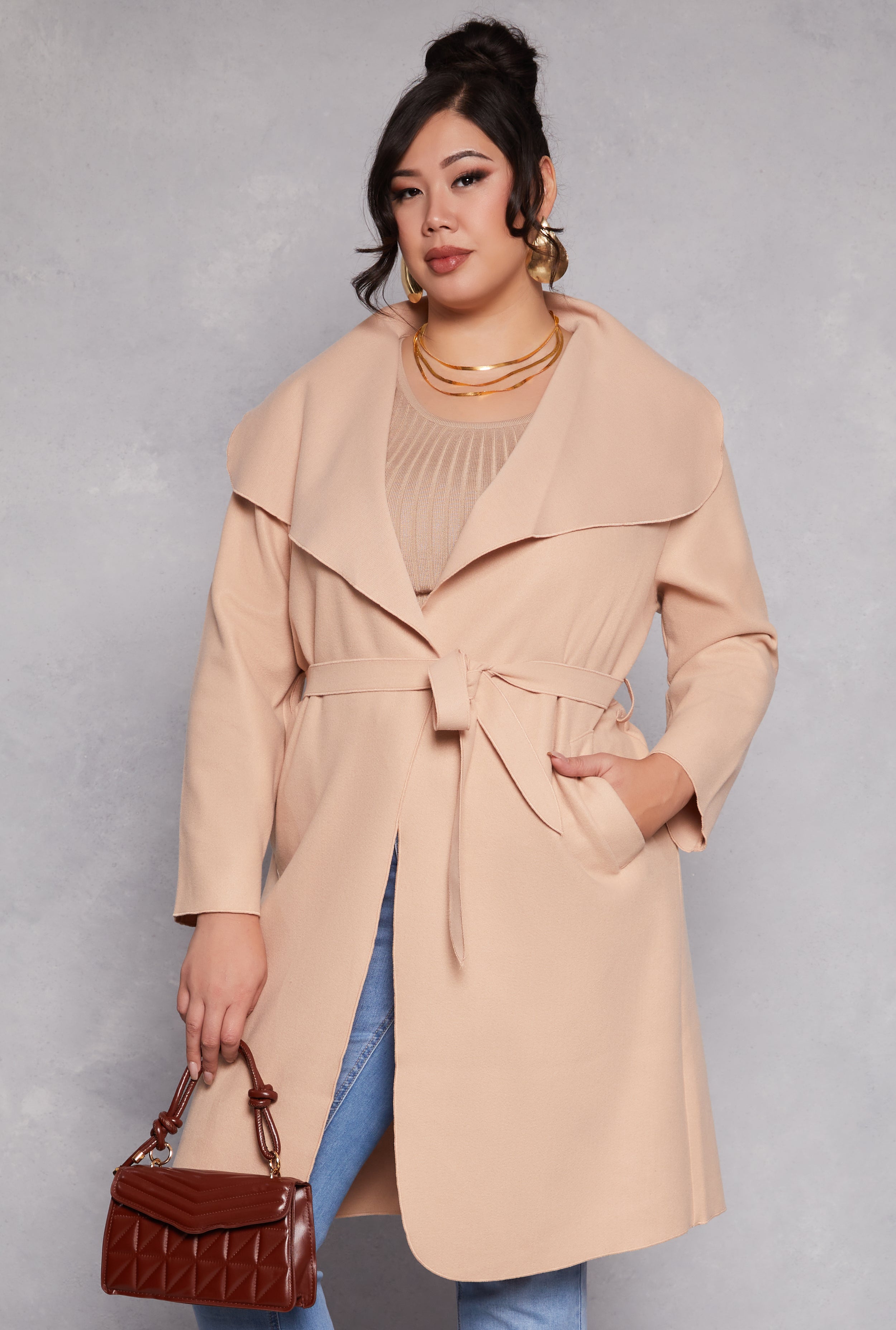 Plus Size Waterfall Collar Wrap Coat、mySite、camillekostekn