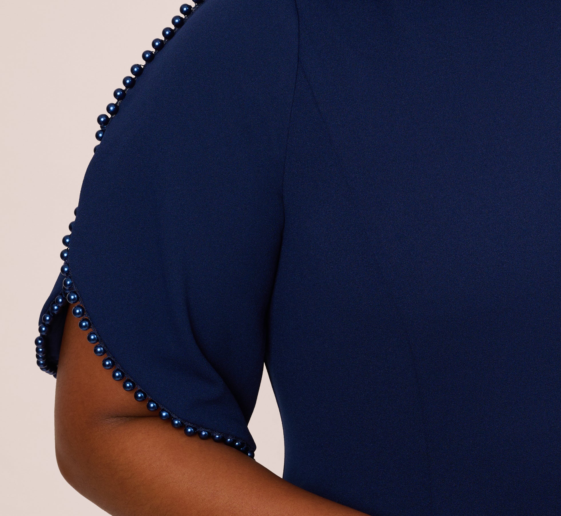 Plus Size Crepe Midi Length Sheath Dress With Pearl Trimmed Sleeves In Navy Sateen、mySite、solidvoid