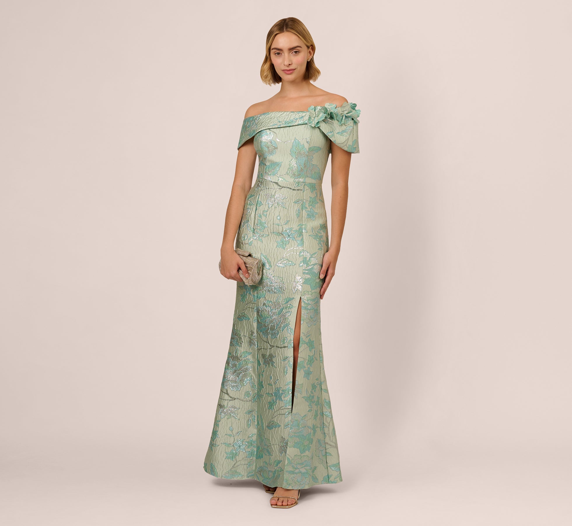 Off Shoulder Floral Jacquard Mermaid Gown In Icy Sage、mySite、solidvoid