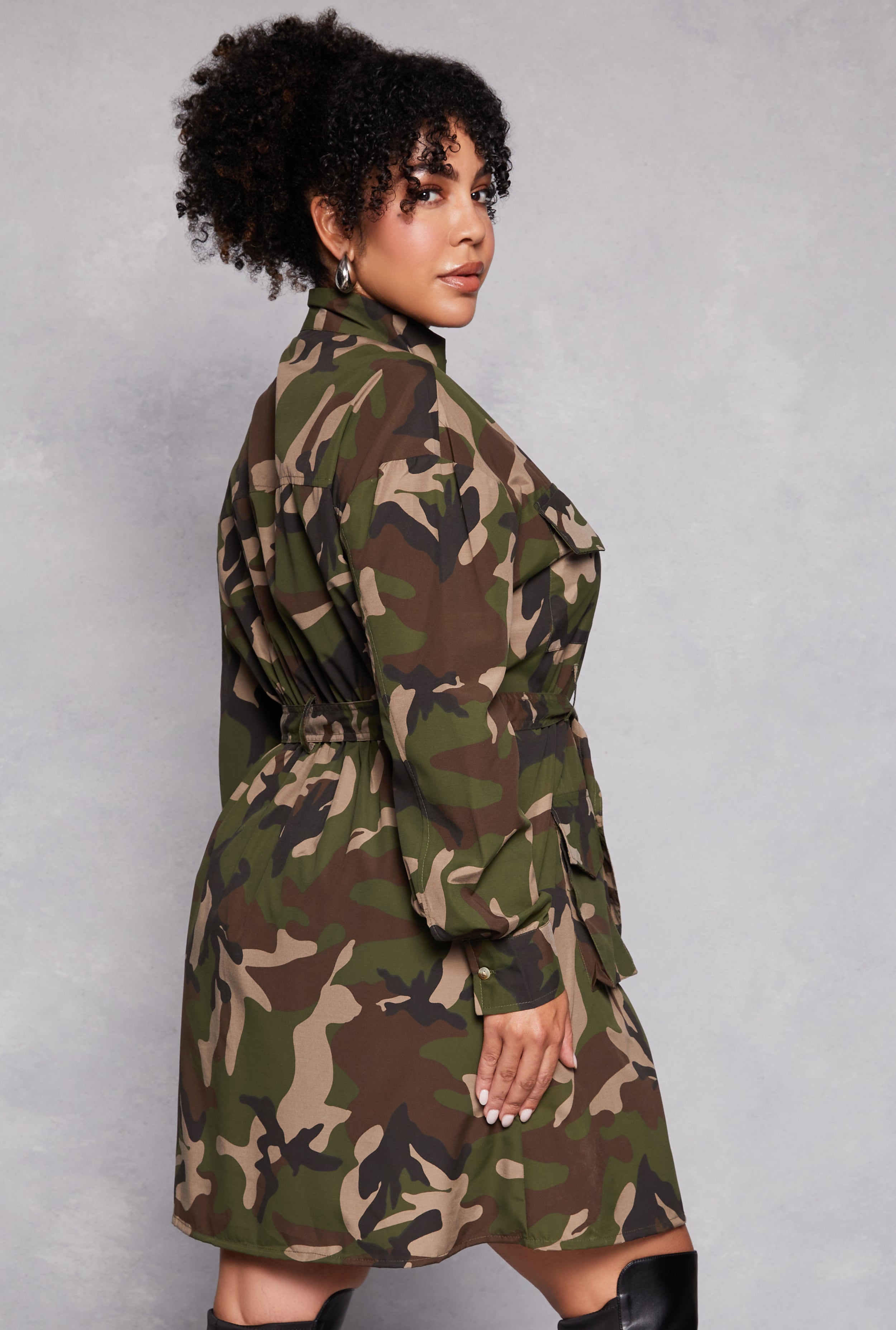 Plus Size Camo Cargo Tie Waist Belted Dress、mySite、camillekostekn