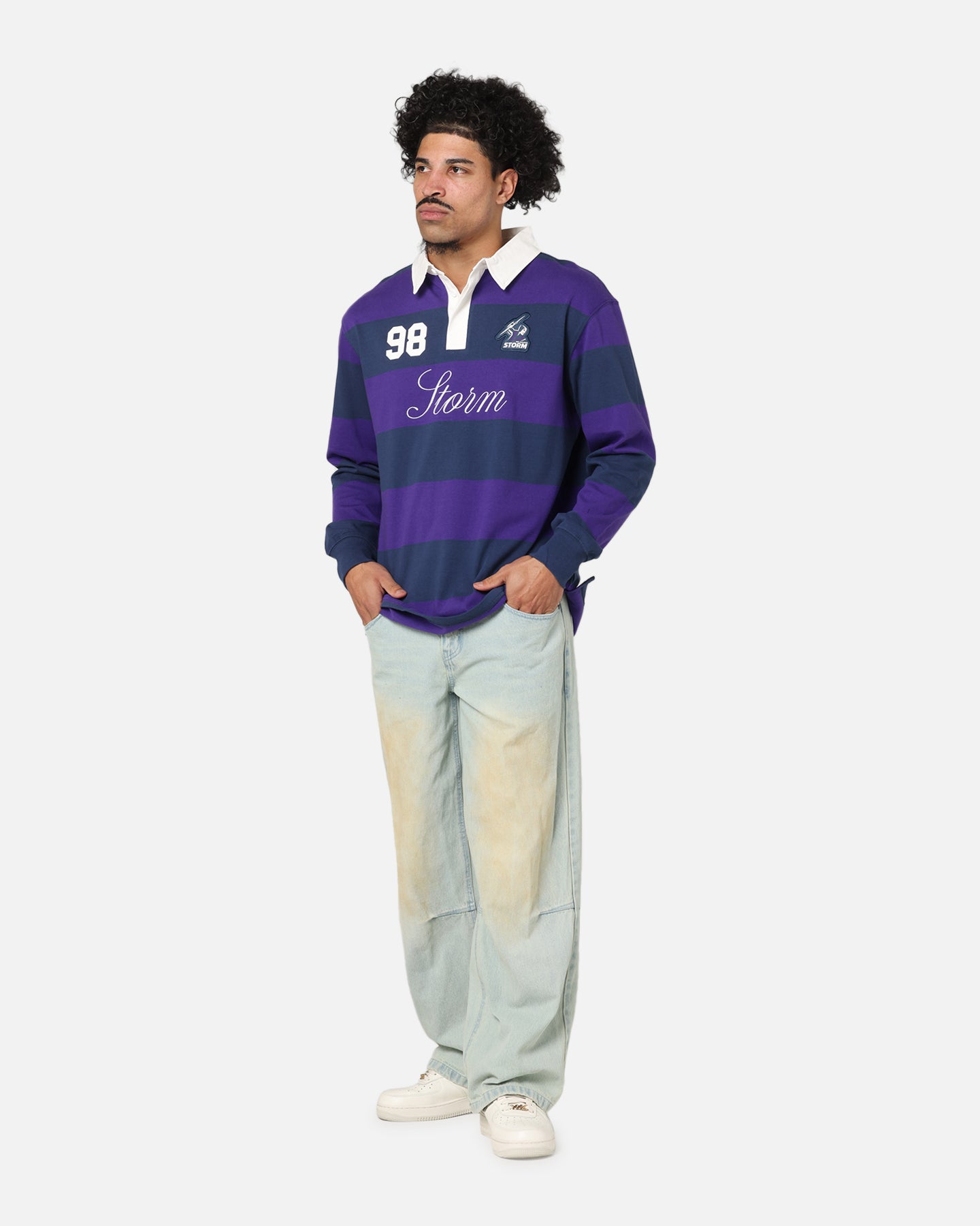 Bleacher Athletic Melbourne Storm NRL Stripe Rugby Polo Shirt Official Team Colour、mySite、zt4zffjzw