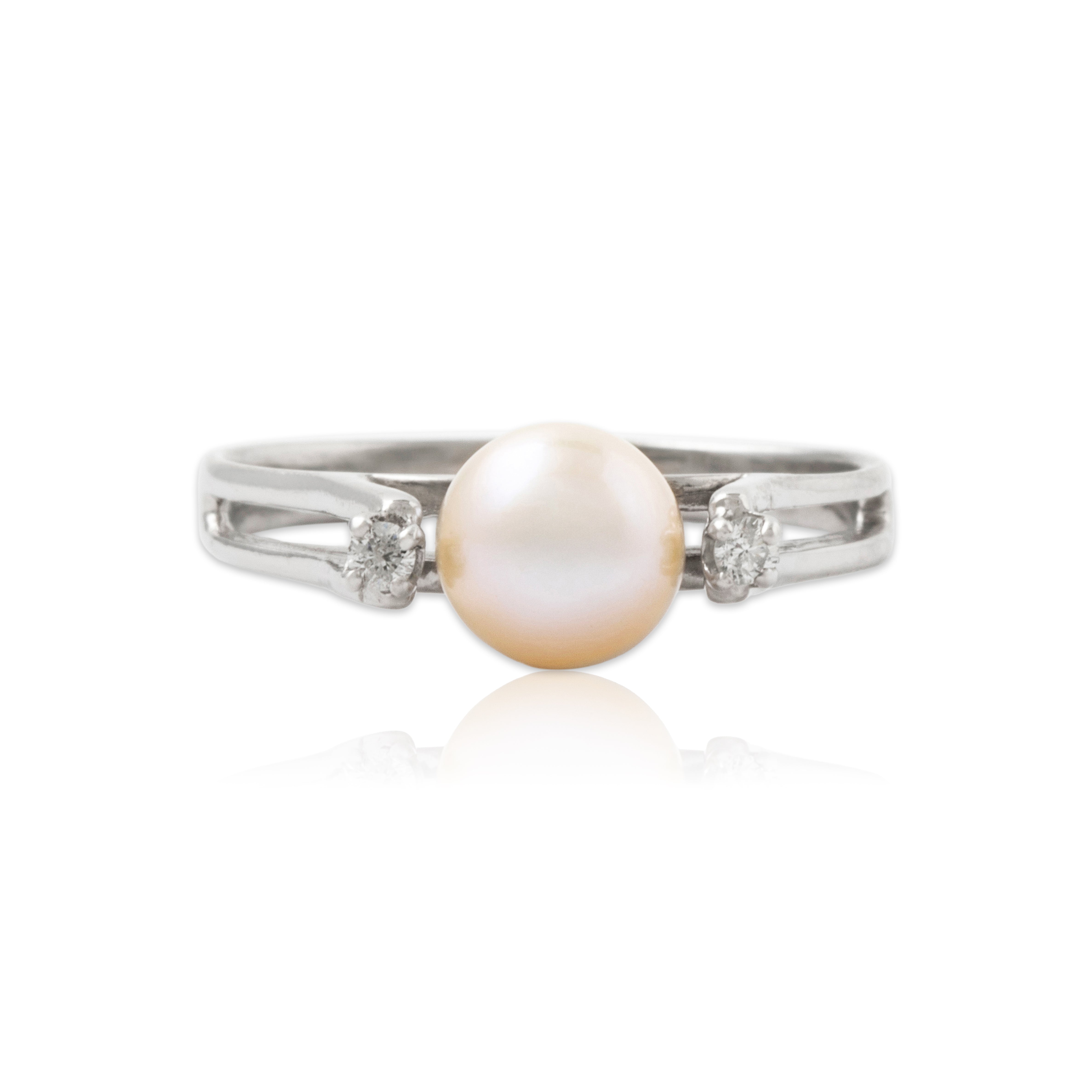 Vintage 14k White Gold Pearl Diamond Modernist Elegance Ring 5.00、mySite、hinf8tx79