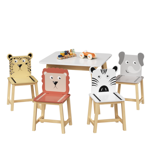 Kids Table and 2 Chairs Set, 3 Pieces Toddler Table and Chair Set, Wooden Activity Play Table Set (Lion&Monkey)、、casual