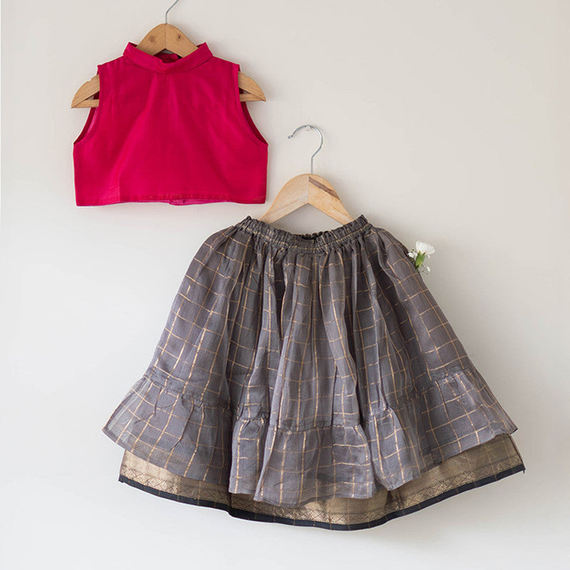 Cotton Lehenga Choli Set For Girls | Pink Choli & Checkered Grey Lehenga、mySite、camillekostekn