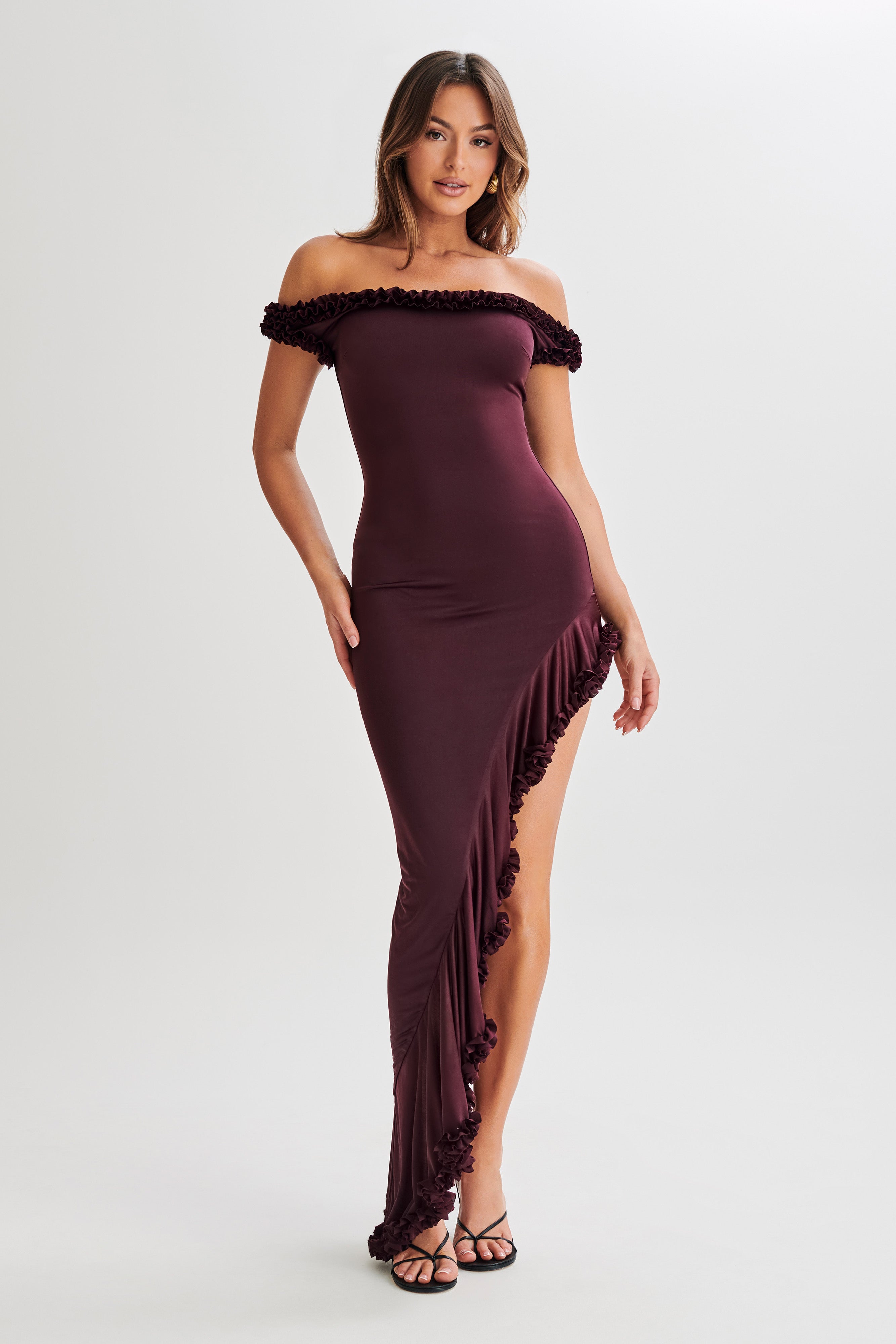Arielle Off Shoulder Ruffle Midi Dress - Plum、mySite、solidvoid