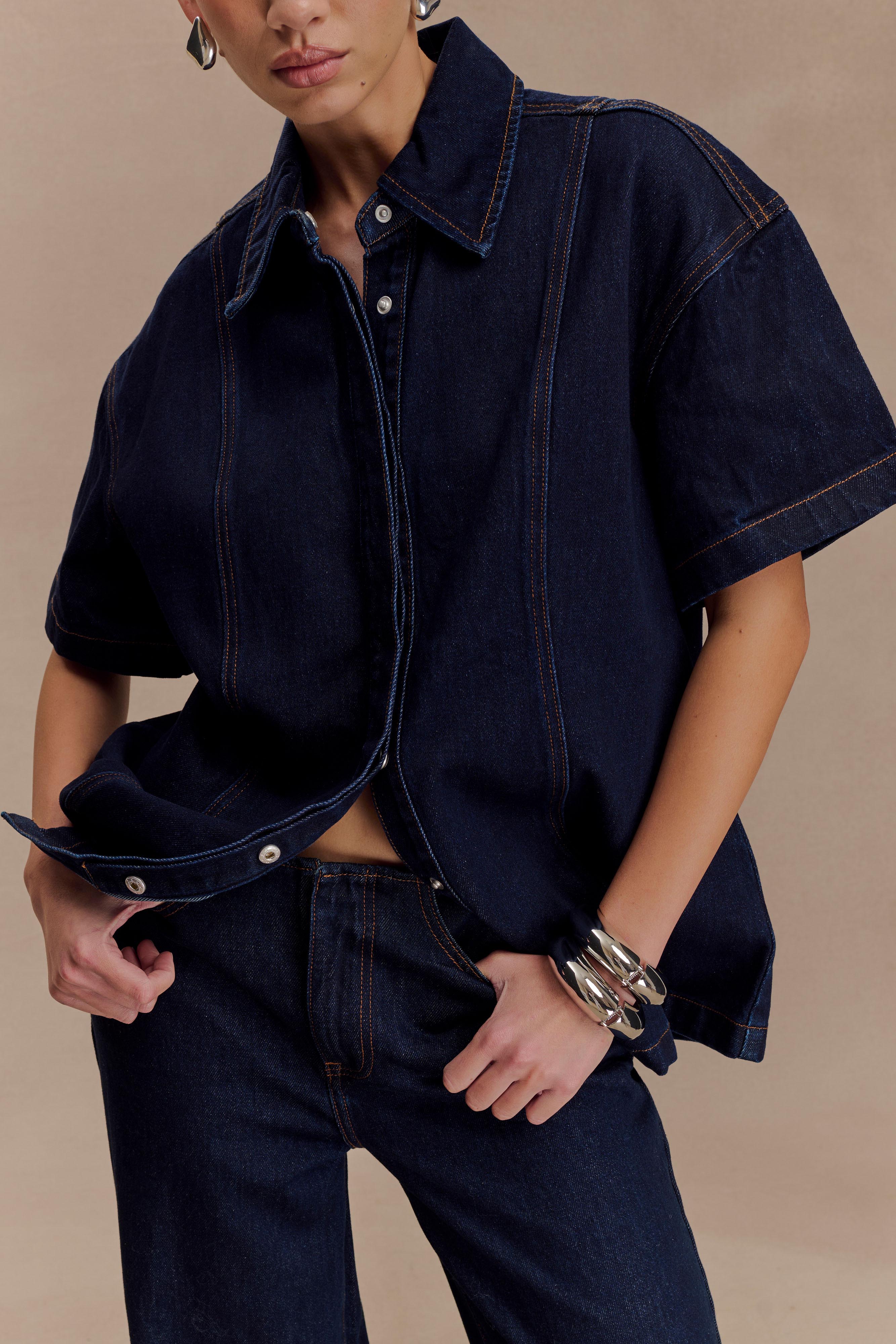Maya Oversized Denim Shirt - Indigo Blue、mySite、solidvoid