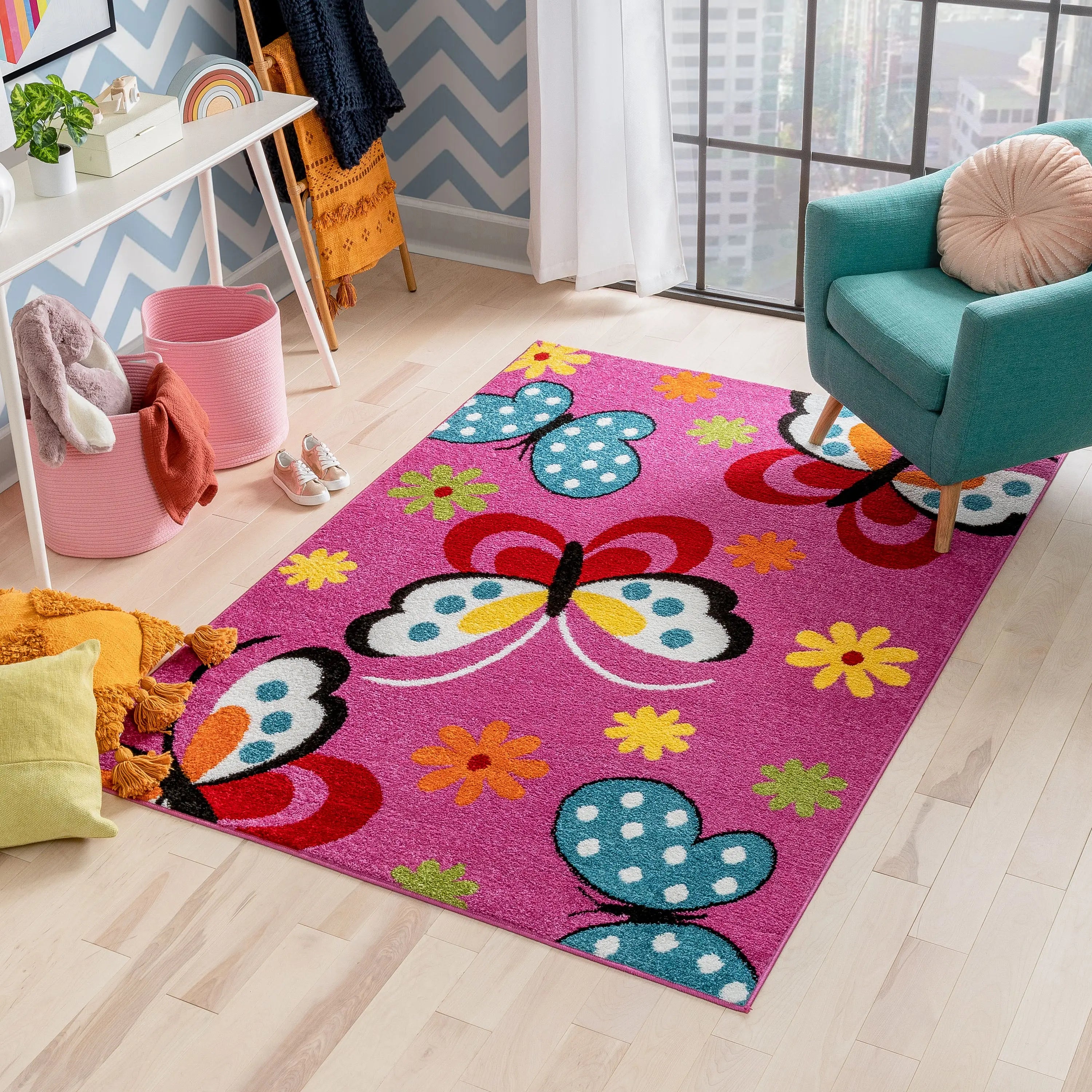 Starbright Daisy Butterflies Pink Rug、mySite、gigharbornorthrealestate