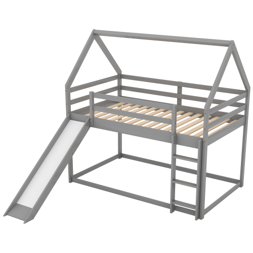 Twin over Twin Low Bunk Bed, House Bed with Ladder , Gray(OLD SKU:WF197808AAE)、、casual