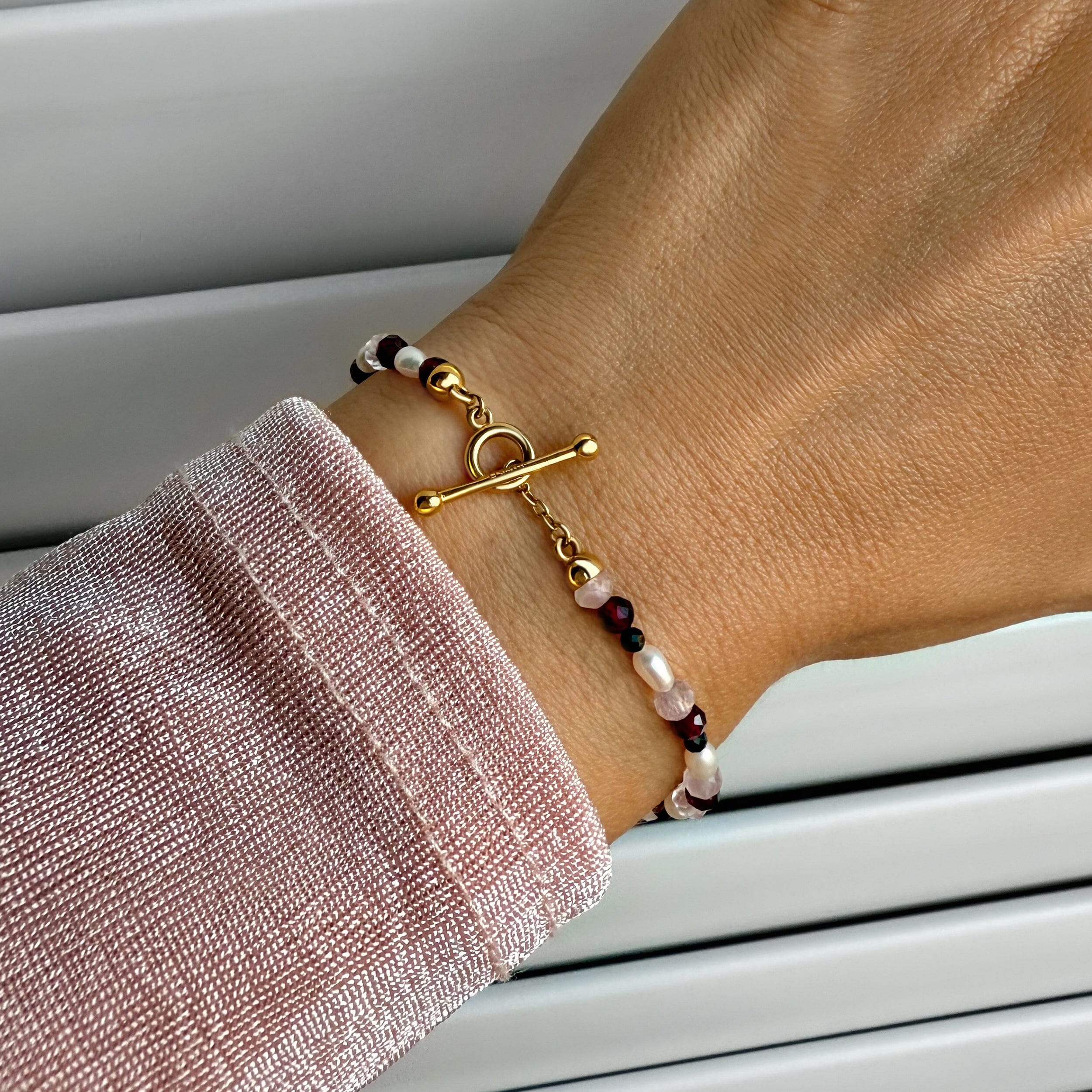 Rose Quartz Garnet T-Lock Beads Bracelet - Love Charge、mySite、hinf8tx79