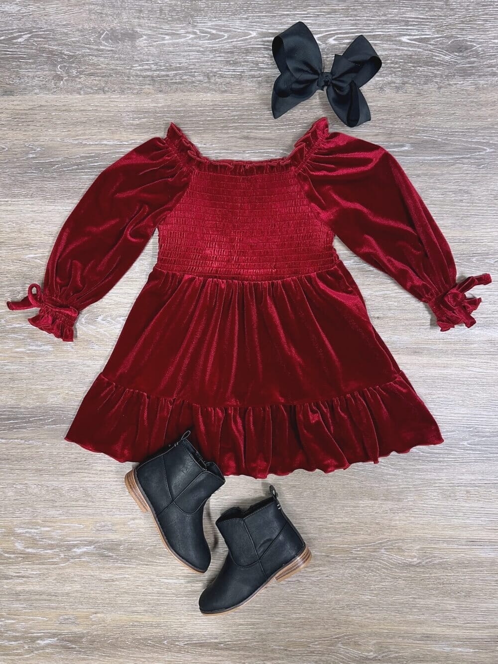 Burgundy Puff Sleeve Smocked Girls Velvet Dress、mySite、camillekostekn