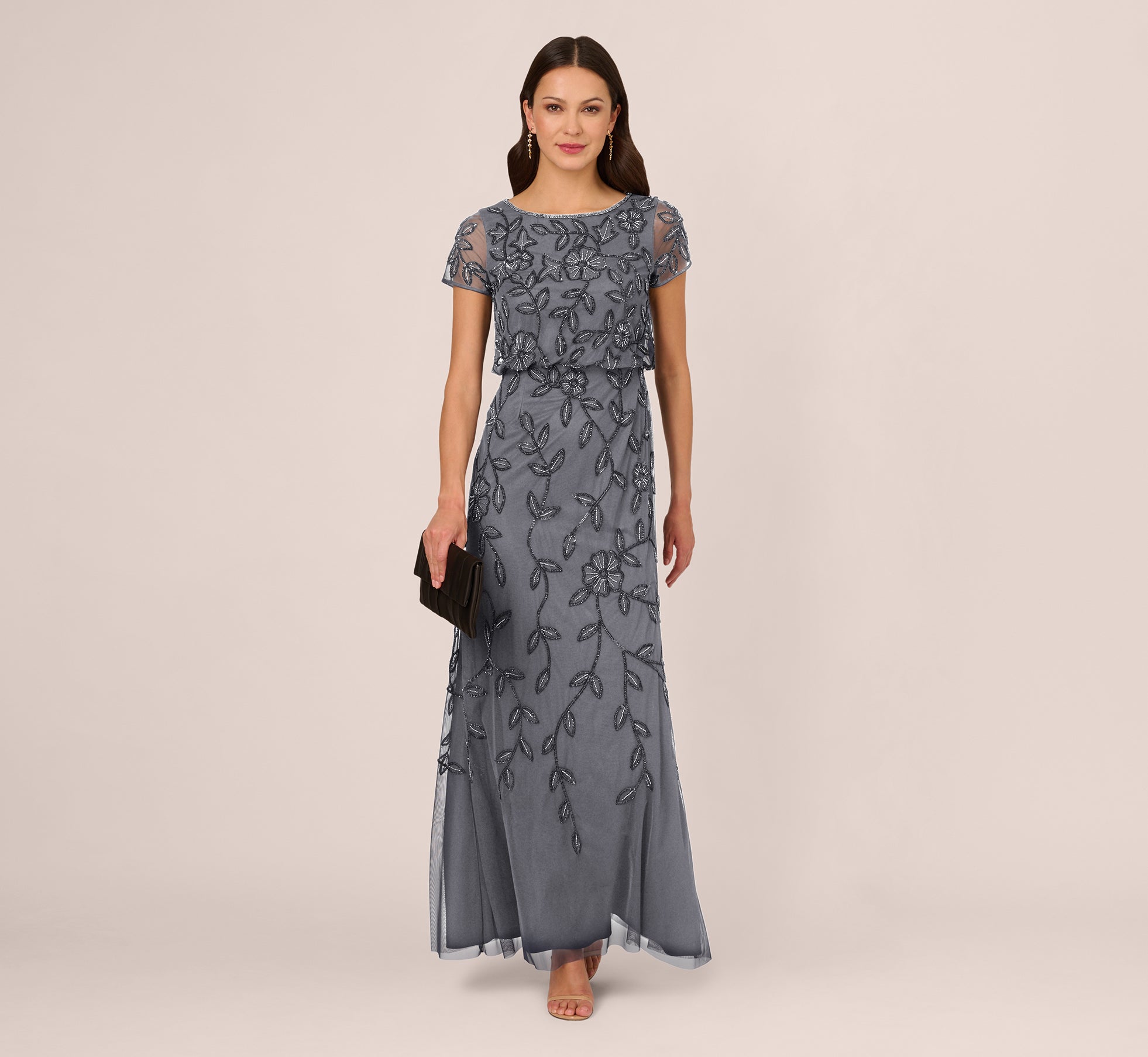 Jasmine Beaded Blouson Gown With Sheer Short Sleeves In Dusty Blue、mySite、solidvoid