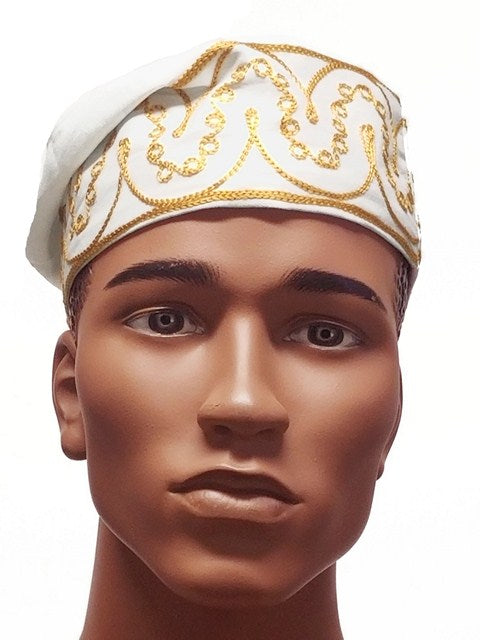 Off White African Cotton Kufi Hat with Gold Embroidery-DPH3842、mySite、solidvoid