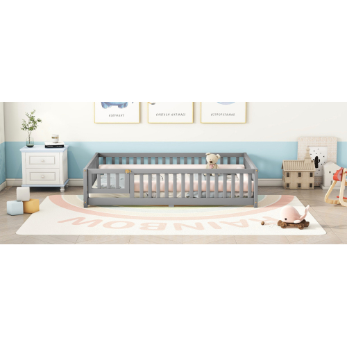 Twin Size Bed Floor Bed with Safety Guardrails and Door for Kids, Natural(Old SKU: W158090686)、、casual