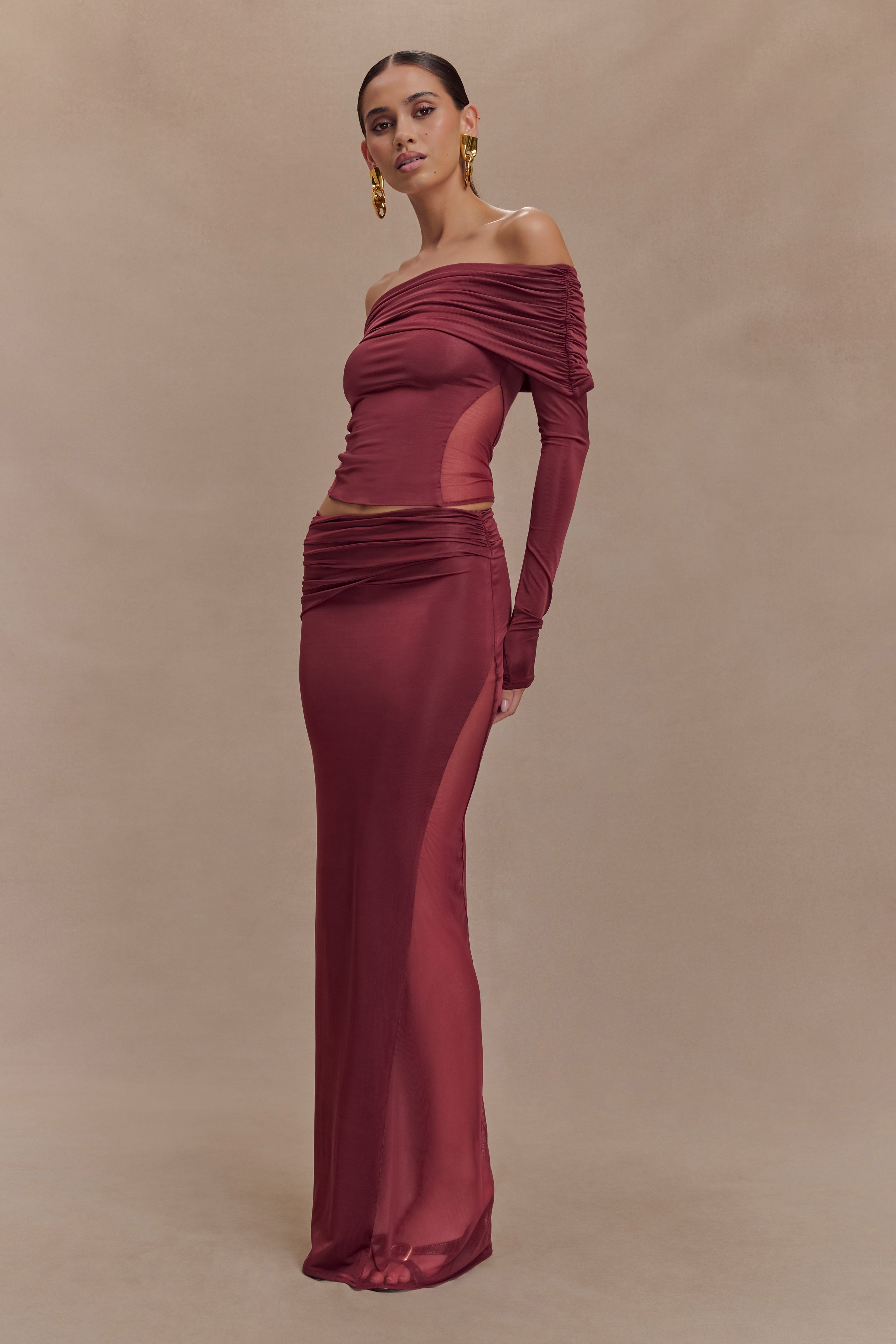 Judy Slinky And Mesh Maxi Skirt - Wine、mySite、solidvoid