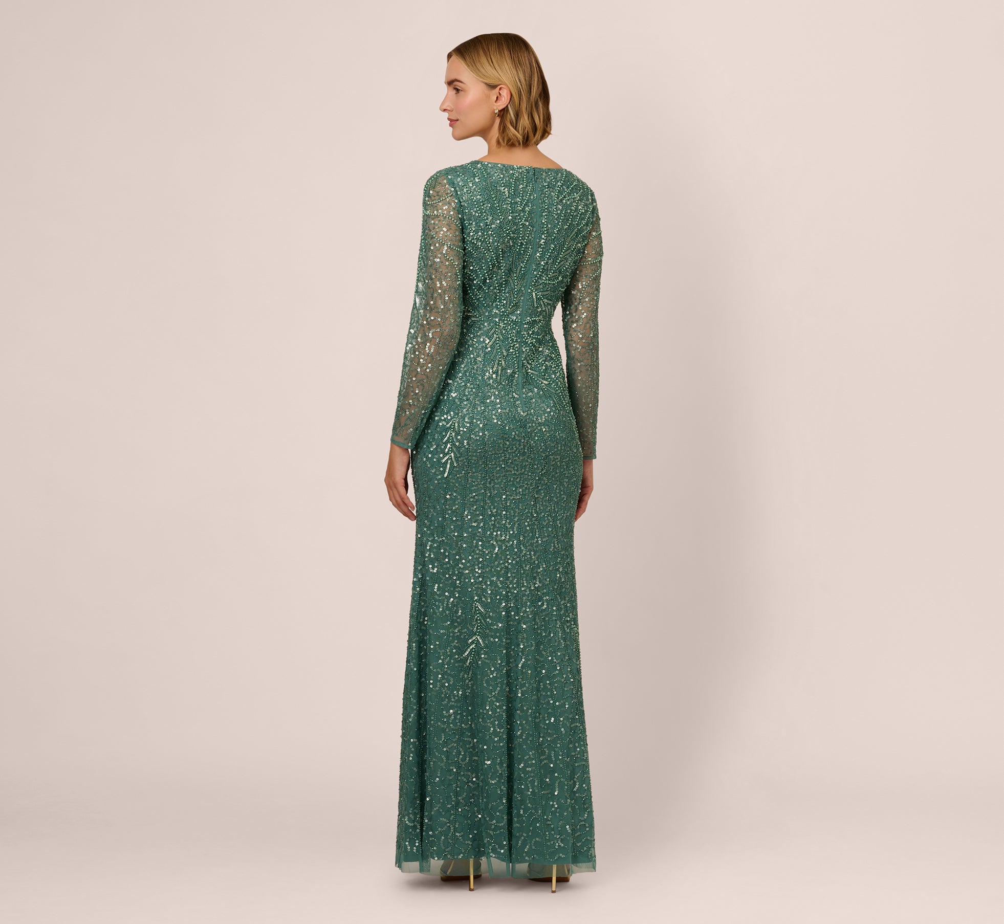 Long Sleeve Beaded Full Length Dress In Green Slate、mySite、solidvoid