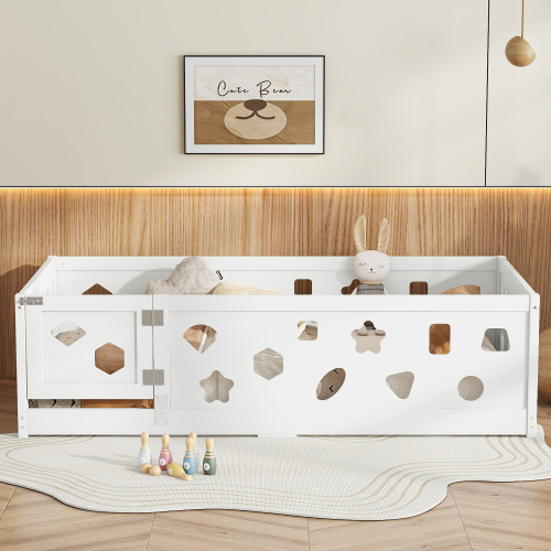 Twin Size Floor Bed with Heightened Safety Guardrails and Door, Solid Wood Bedframe with Rails for Girls, Boys, Teens, Child Bedroom, Kids Playroom, No Slats Included, White、、casual