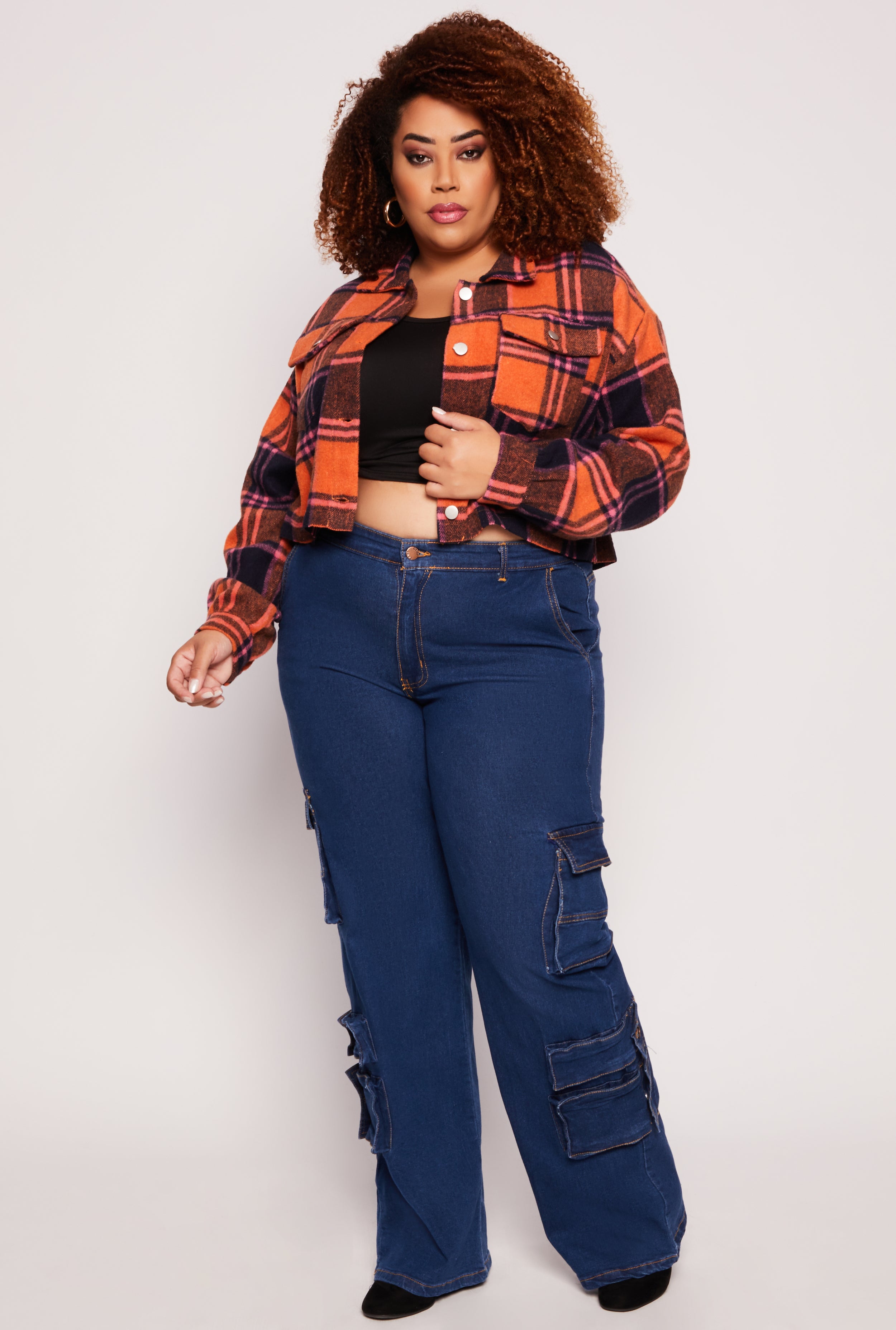Plus Size Spoon Jeans Plaid Cropped Shacket、mySite、camillekostekn