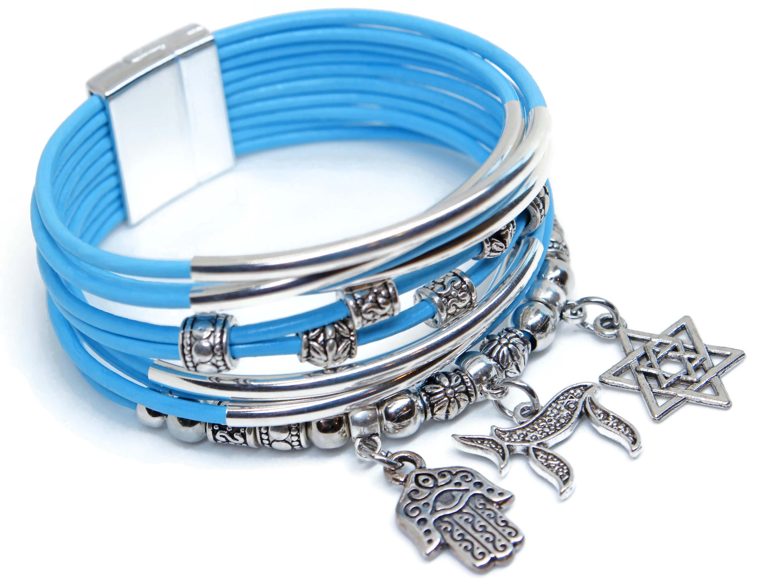 Star of David, Chai and Hamsa Charm Bracelet - Sky Blue、mySite、topwebapps
