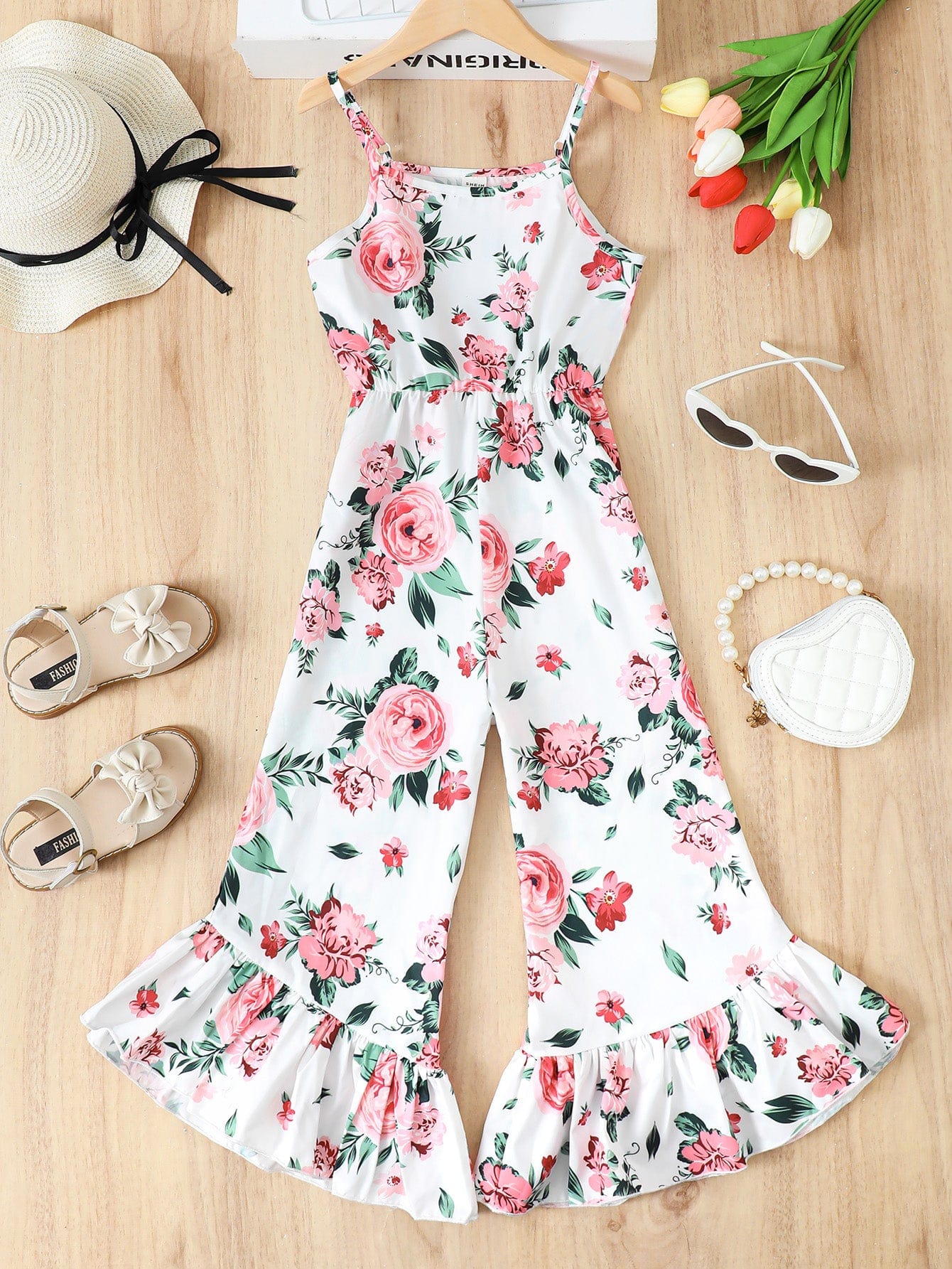 Floral Spaghetti Strap Flare Leg Jumpsuit、mySite、g9winljtr